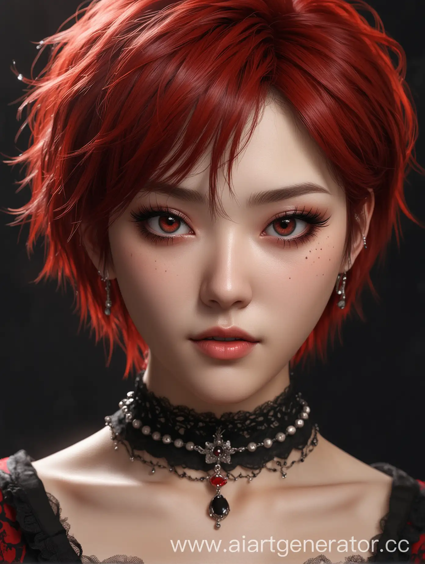​masterpiece, top-quality, ((1womanl)), different red color, finely eye and detailed face, intricate detailes, Casual black and red attire, window, A smile, Happiness, tenderness, high-level image quality、selfee, Beautuful Women、tall、a small face, D-cups, The upper part of the body、nightfall, nighttime scene、𝓡𝓸𝓶𝓪𝓷𝓽𝓲𝓬、Korea person, Idol Photos, Model photo, k pop, Professional Photos, Vampires, Korean fashion in black and red, Fedoman with necklace, inspired by Sim Sa-jeong, androgynous vampire, :9 detailed face: 8, extra detailed face, detailed punk hair, ((eyes are deialed)) baggy eyes, Seductive. Highly detailed, semi realistic anime, Vampires, hyperrealistic teen, Delicate androgynous princess, imvu, ((short hair woman)), red hair woman with wild look, ((Woman with short red hair)), ((1 persons)),