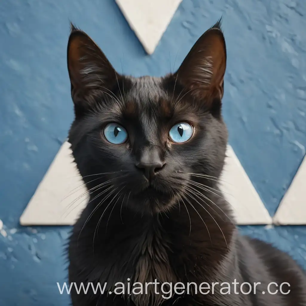 A black cat on the background of a blue-white wall. The cat has a white triangle-shaped spot on his head near his ear. 