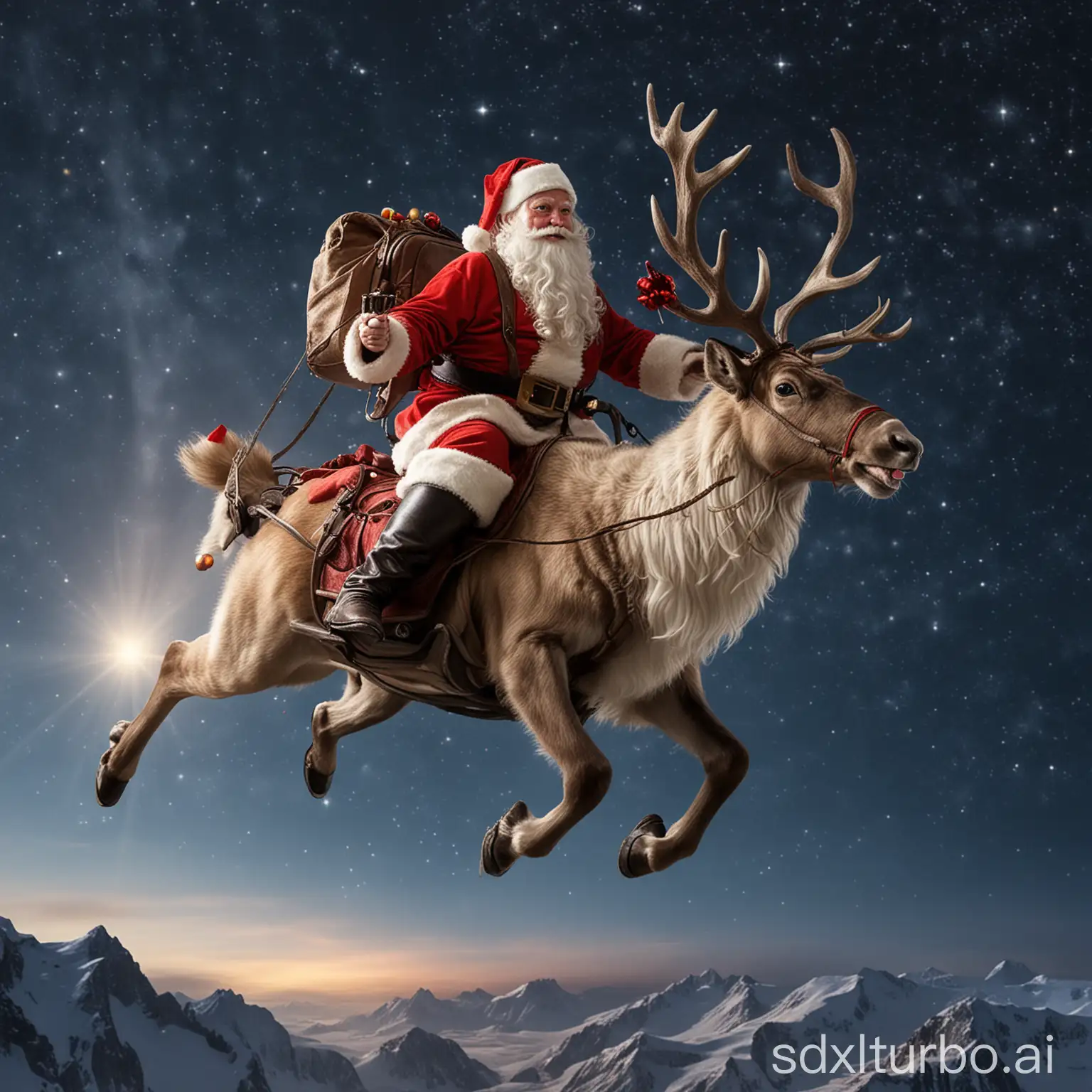 Santa, how he rides on a shining flight reindeer, which takes him up to the night sky, where stars are his only companions.