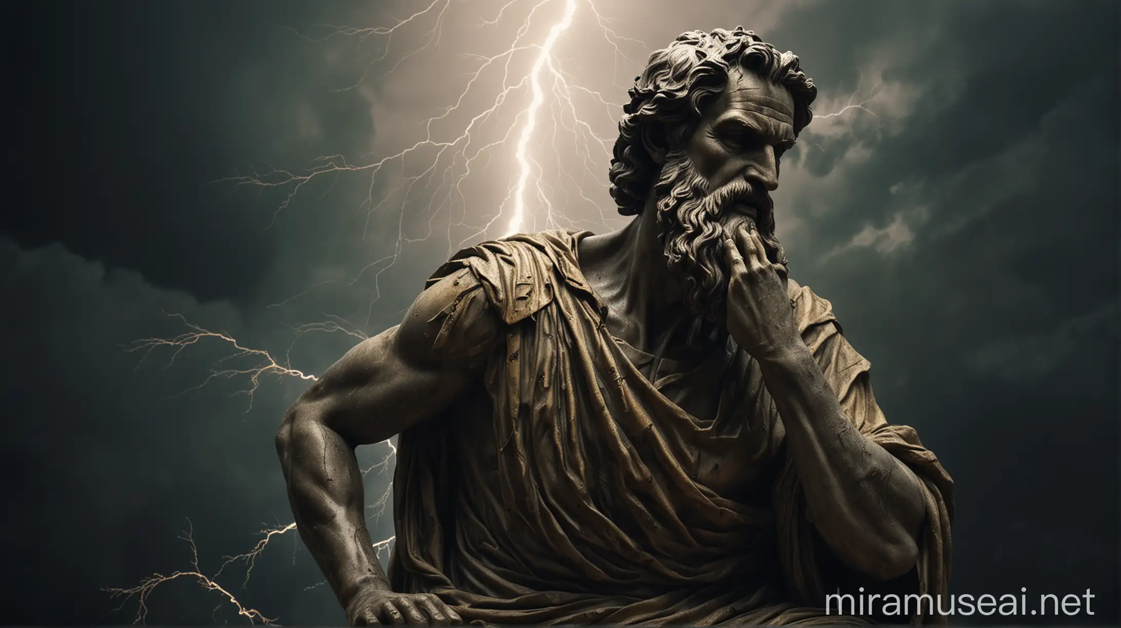 An ancient Greek statue of Epictetus, poised and pensive, with a dramatic scene of lightning branching across the backdrop, a ghastly display of nature's ferociousness, punctuated by a stark contrast of black and gold, against a backdrop of hazy mystery, shadows running round the corners, ultra-detailed, film photography capturing the ephemeral nature of light, ethereal light leaks lending an ethereal