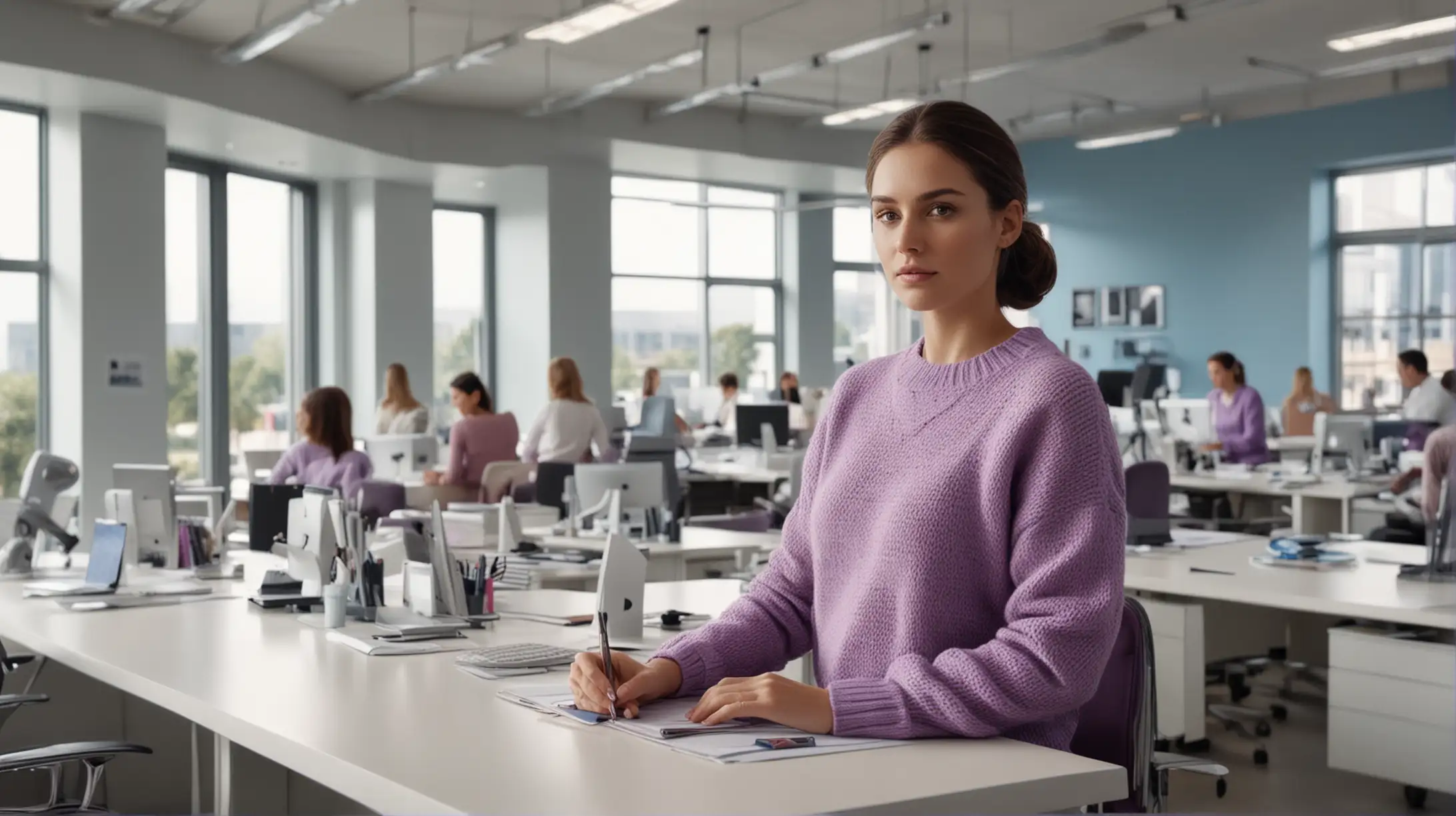 Woman Working in Modern Office with Purple Sweater and Sky Blue Office Environment