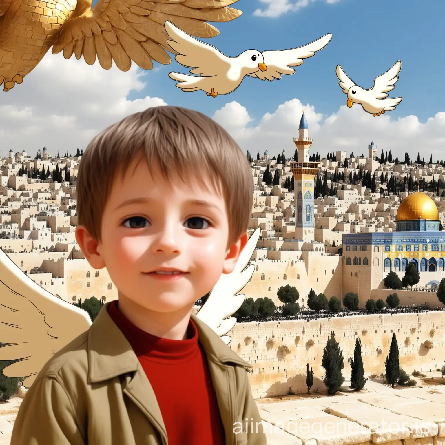 add cartoon filter on this picture of a boy with wings of childhood in front of jerusalem background