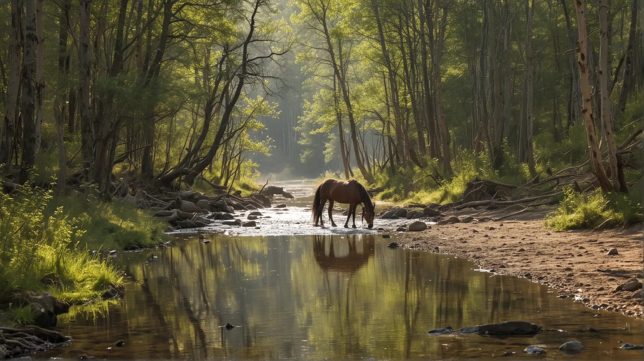 Wild Horse Drinking from Forest River in Afternoon Light