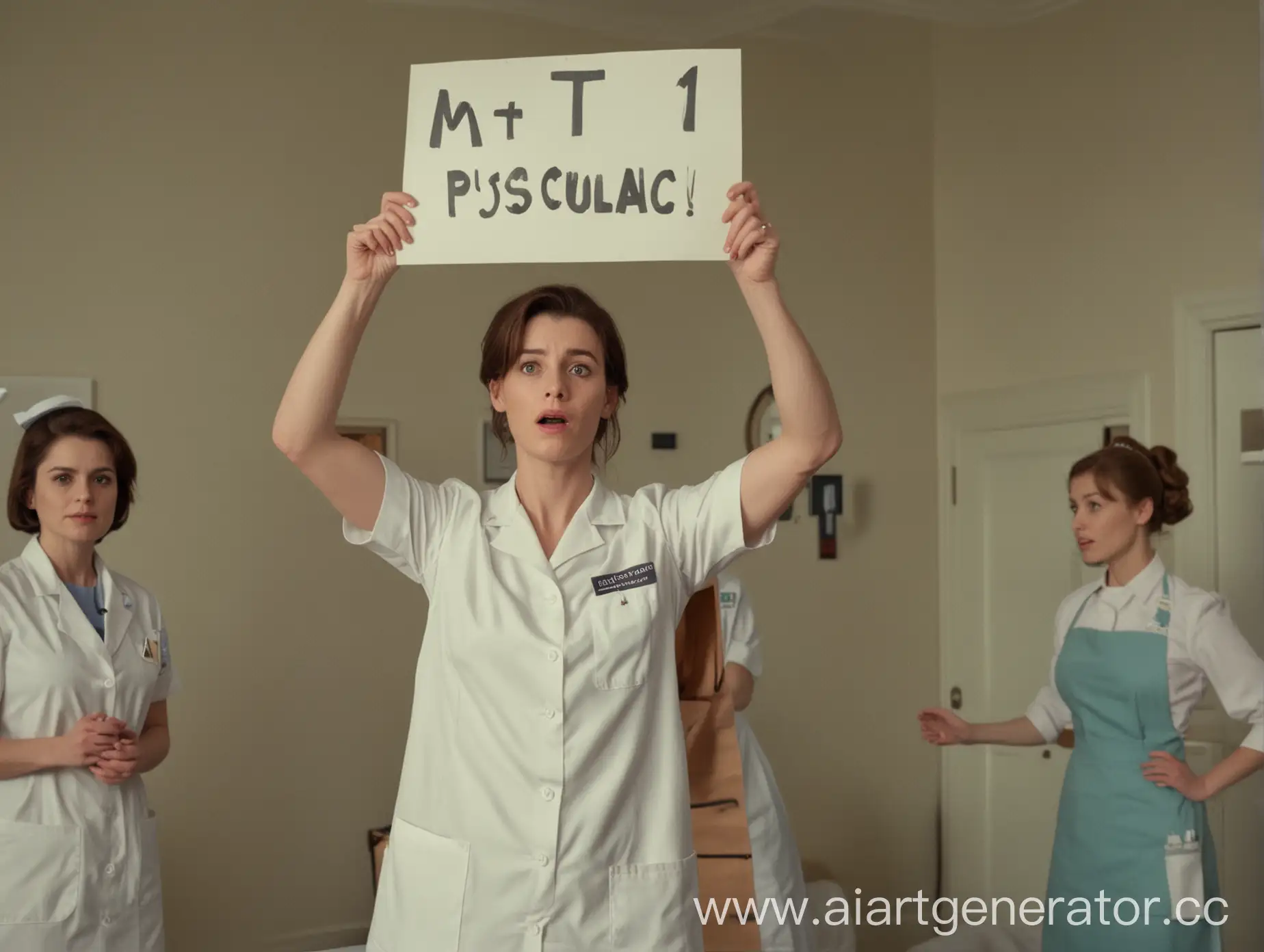 В центре кадра находится псих, находящийся в изоляторе. Справа от него, на заднем фоне, медсестра держит табличку, на которой написано "1". Слева на заднем фоне медсестра держит другую табличку, где написано "М".