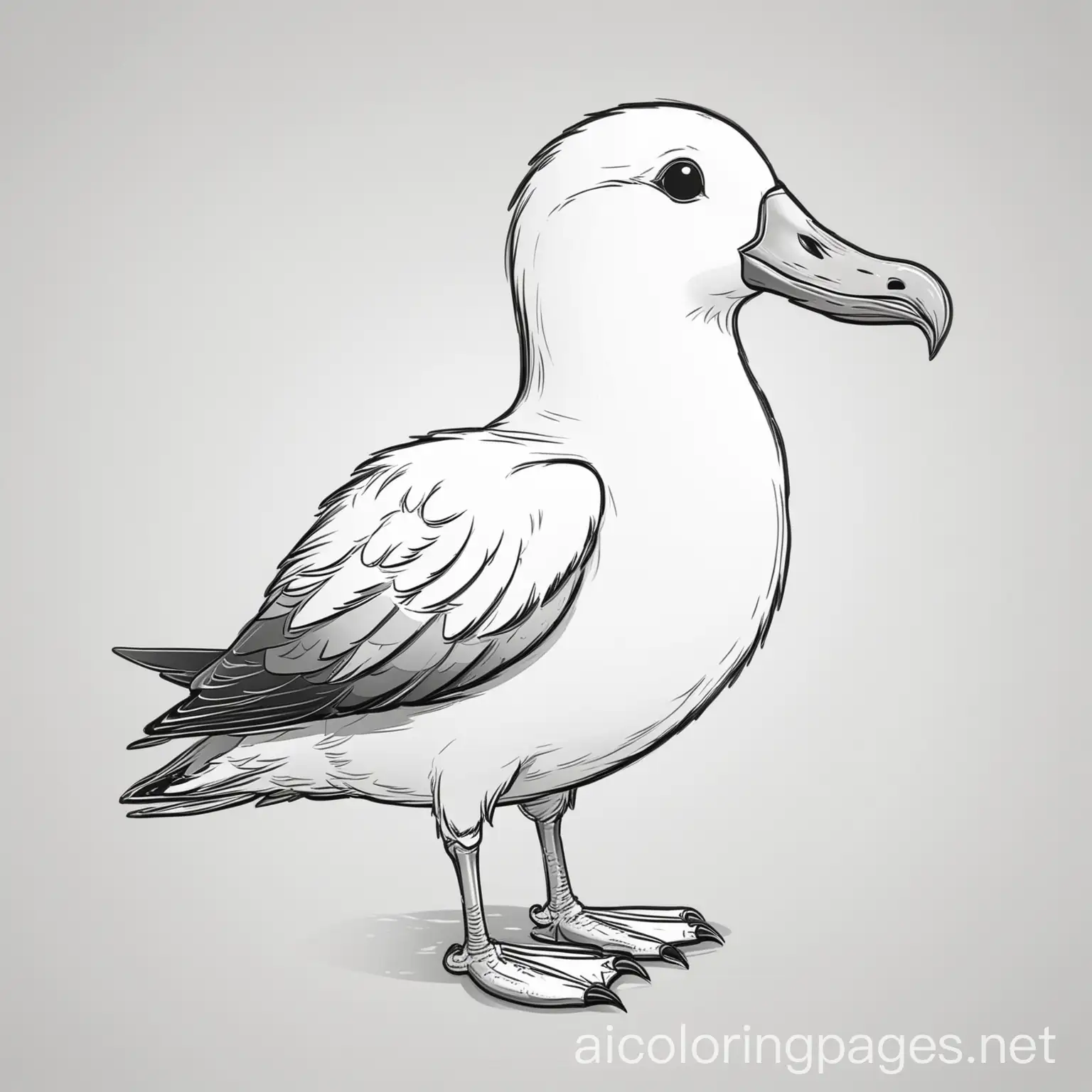 Albatross cartoon character, Coloring Page, black and white, line art, white background, Simplicity, Ample White Space. The background of the coloring page is plain white to make it easy for young children to color within the lines. The outlines of all the subjects are easy to distinguish, making it simple for kids to color without too much difficulty