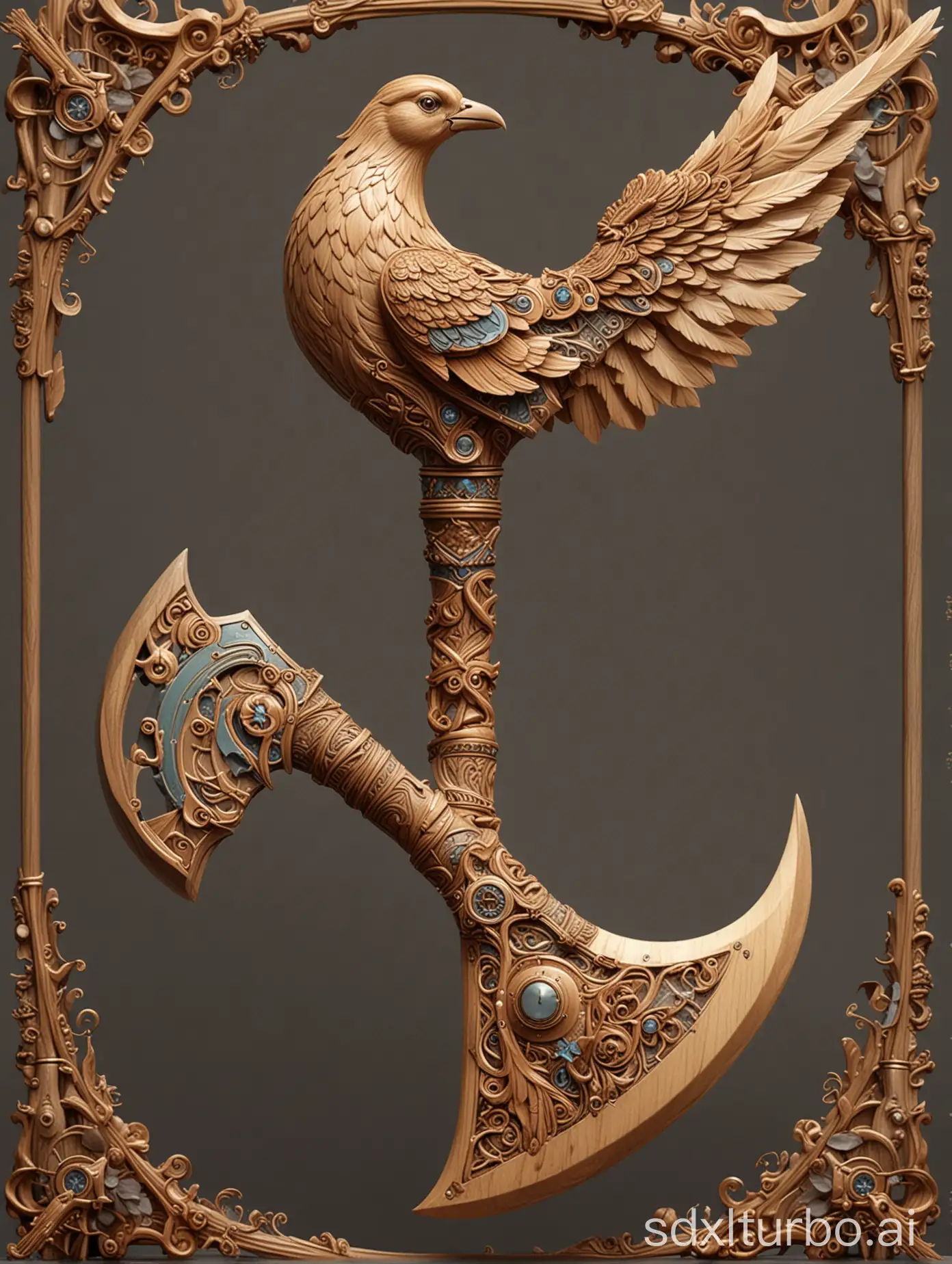 Futuristic-BirdShaped-Magical-Axe-with-Traditional-Wooden-Time-Elements