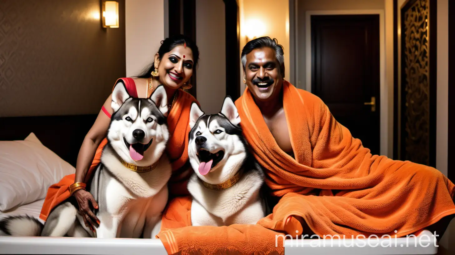 a 23 years indian muscular man is sitting with a 53 years  indian mature fat woman  with makeup wearing earrings and gold ornaments   with gajra bun style   . both are wearing wet neon Coral bath towel and   in a luxurious bed room ,and are happy and laughing. and a  Siberian Husky Dog breed is near them. they are in a big luxurious  home. its a night  time and lights are there. its raining . they are drinking Whiskey.