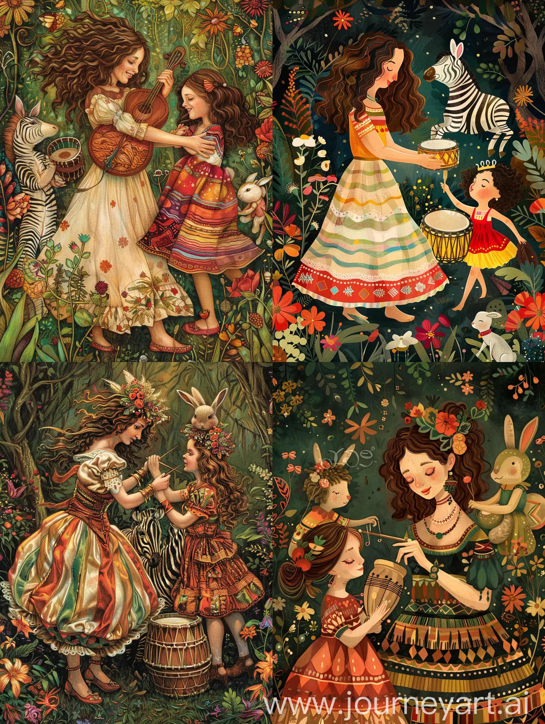 A beautiful, plump woman with curly brown hair and her daughter in red, green, and yellow dance around a zebra, drumini, and bunny characters who play drums in an illustration style reminiscent of children's book illustrations, with flowers. 