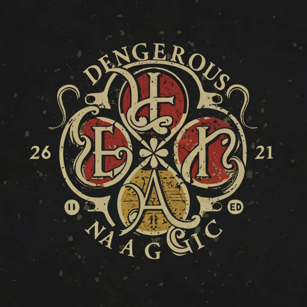 a logo design,with the text "Dengerous Magic", main symbol:magical elements of fire water and earth air clover,complex,clear background
