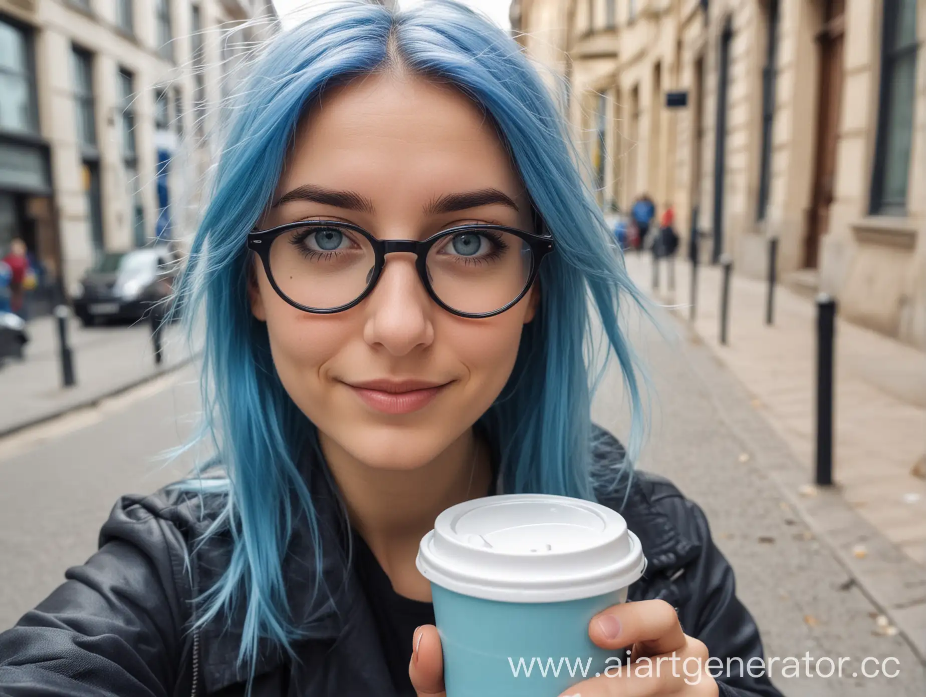 Студентка в городе со стаканчиком кофе. У неё голубые волосы средней длины, голубые глаза за стёклами очков. Селфи, она в 1,5 метрах от камеры, серьёзна. Фото немного смазано
