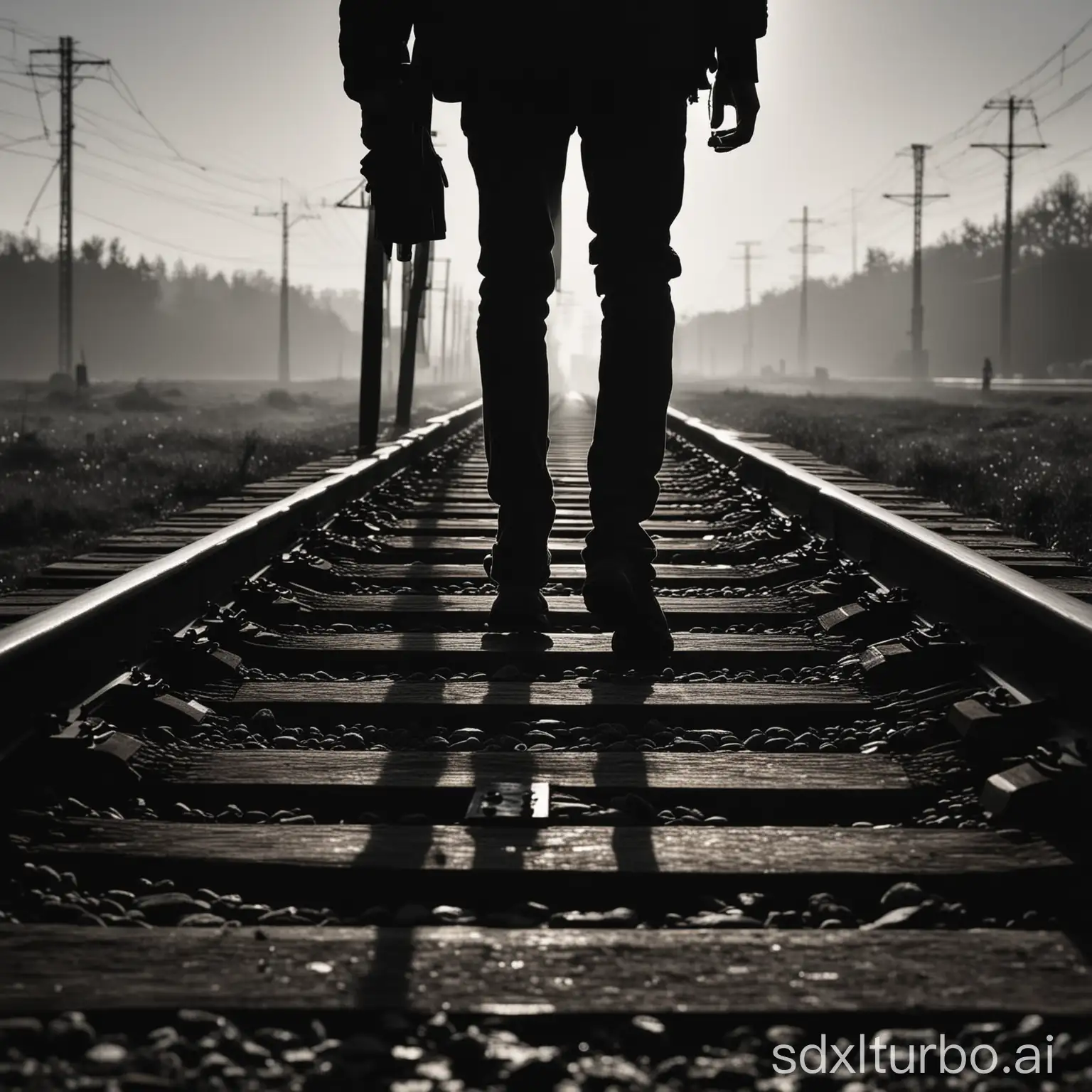 A person, silhouette, walking on the railway track, perspective view, isolated composition,