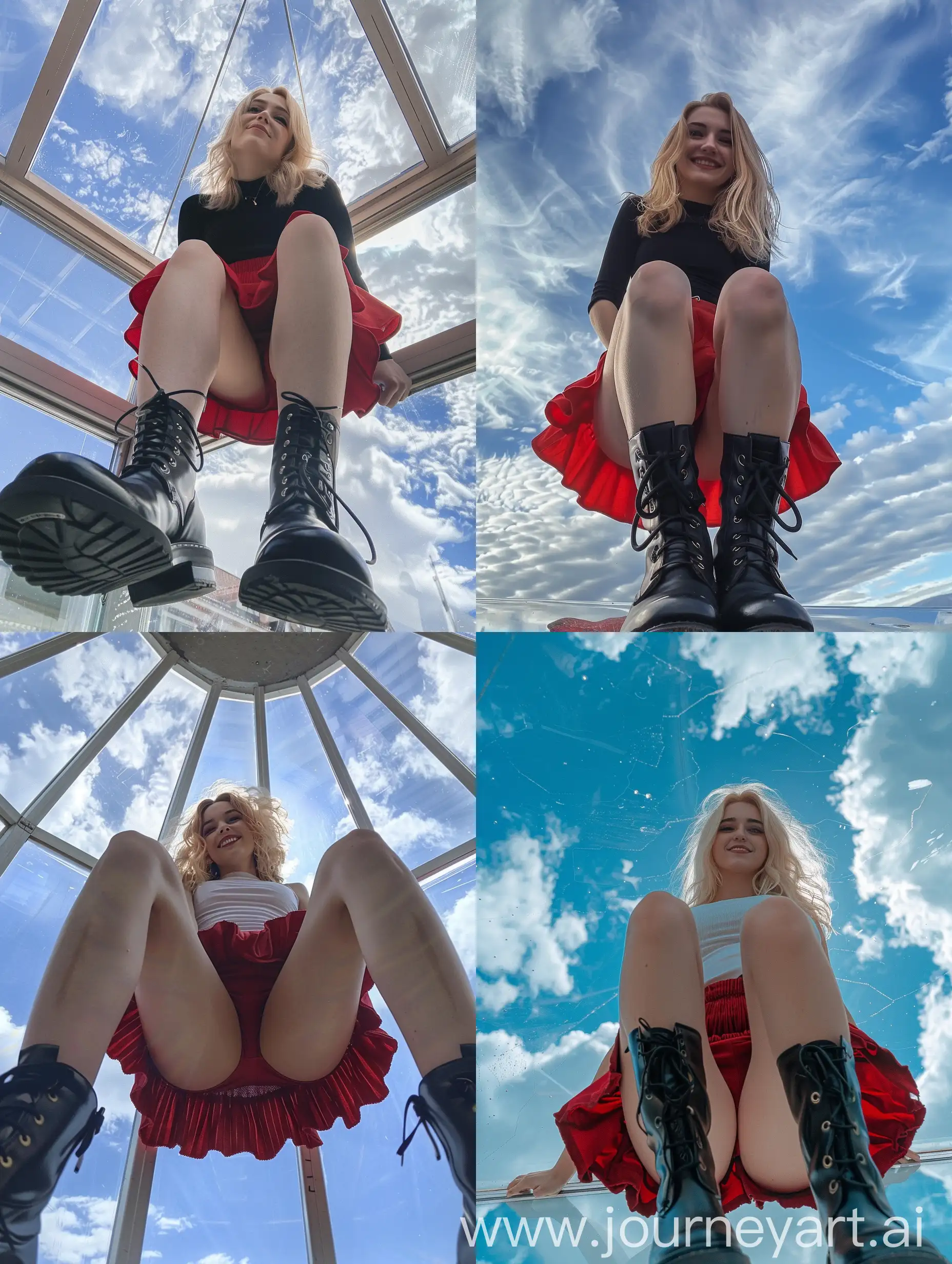 Young-Woman-Taking-Natural-Selfie-on-Glass-Surface-with-Sky-View
