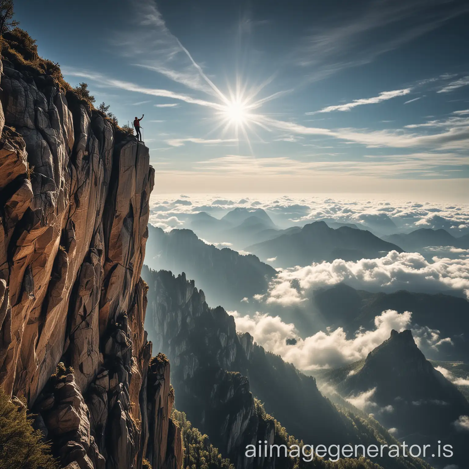 get a picture of a man climbing a very epic mountain cliff with a view of heaven