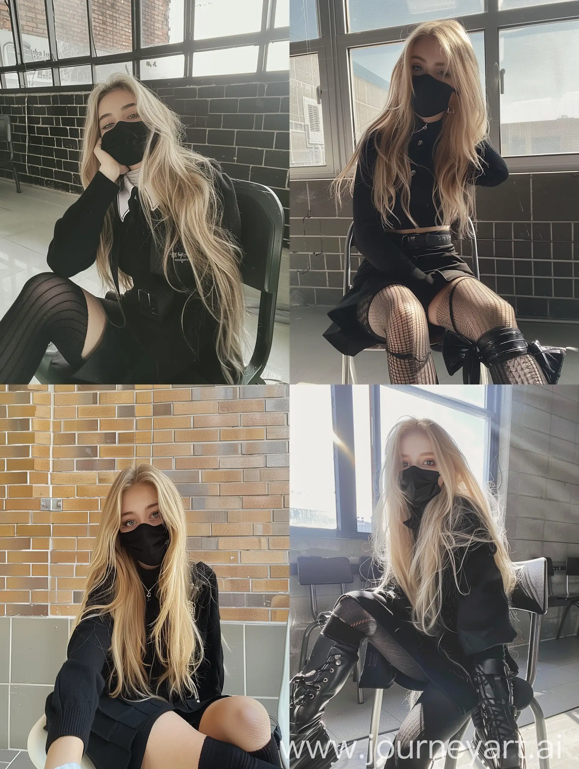 1  girl,    long  blond  hair ,   22  years  old,    influencer,    beauty   ,     in  the  school    ,school black  uniform  ,  makeup,   wearing a black mask,     sitting  on  chair  ,    socks  and  boots,    no  effect,     selfie   , iphone  selfie,      no  filters ,   iphone  photo    natural