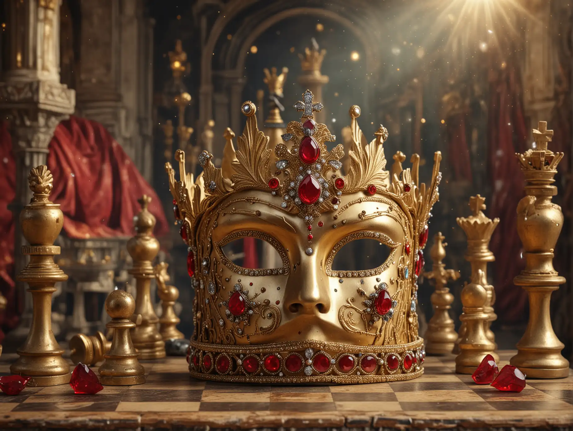 Королевская корона с алмазами и рубинами, венецианская карнавальная маска, золотые шахматные фигуры на фоне волшебного замка