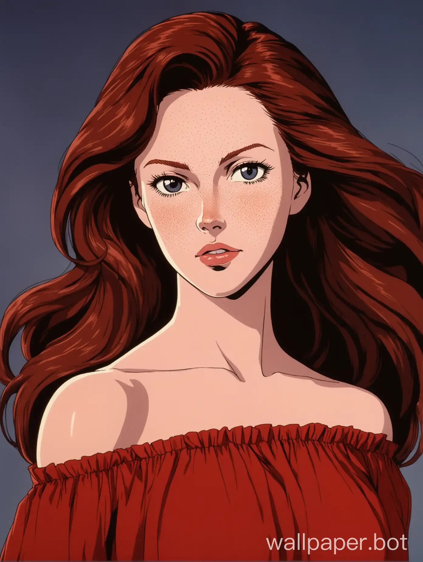 Portrait of an attractive 30-year-old woman with long dark red hair, thin and sharp features, pale and Swedish, seductive and youthful, freckles, wearing a sheer red off-the-shoulder dress, she looks like Rebecca Ferguson, 1980s retro anime