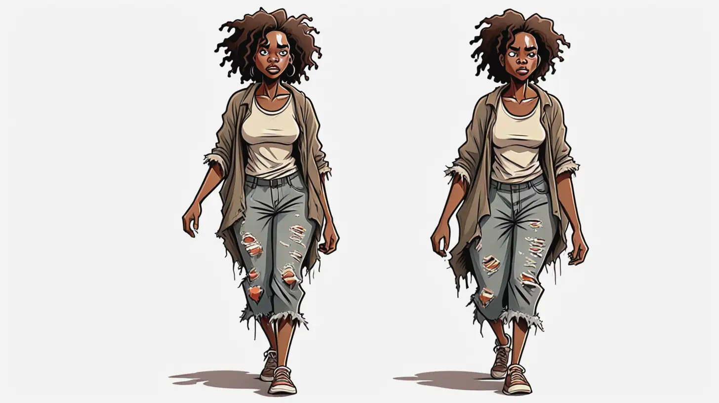 cartoon african american woman walking wearing ragged clothes