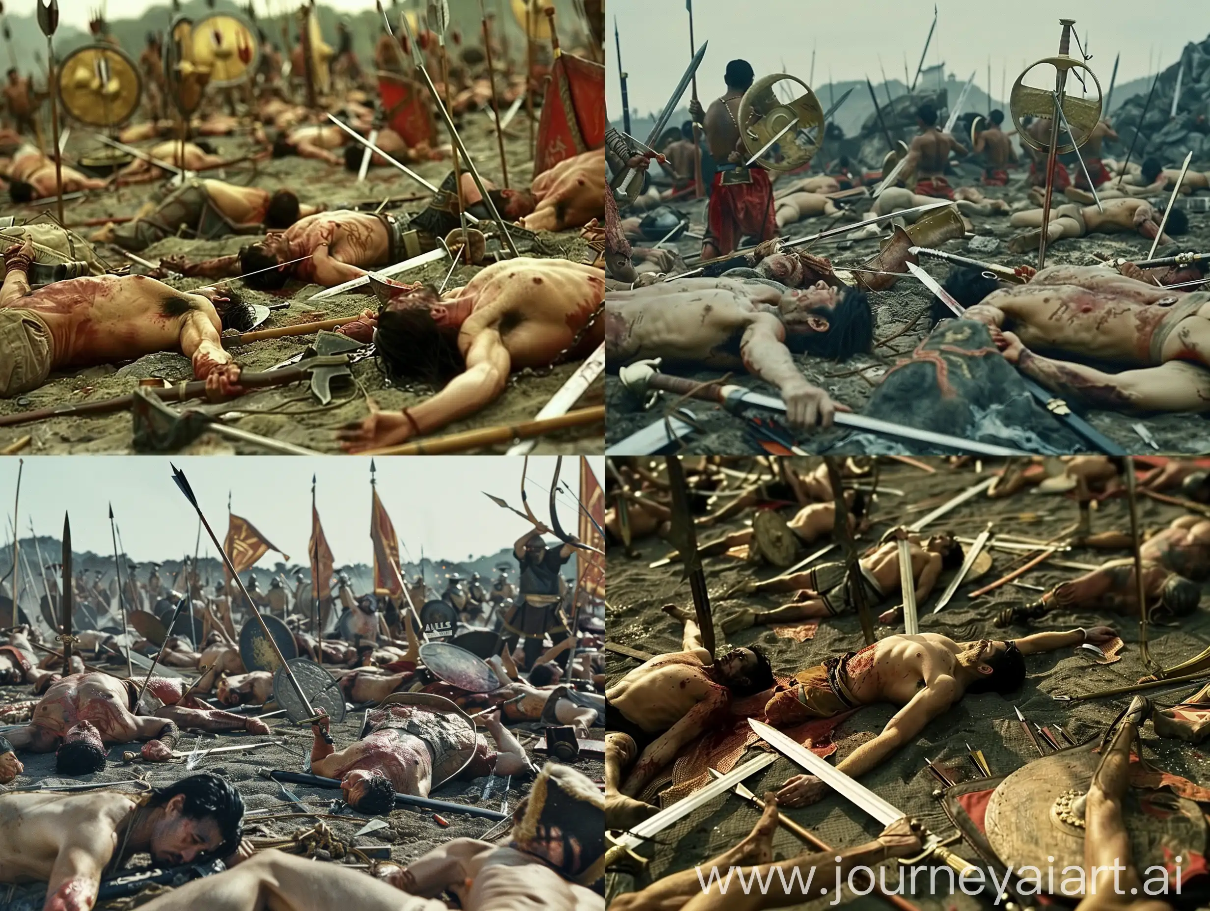 Movie scene, movie scene, many soldiers died in battle, the fallen soldiers were dressed without shirts, some were hit by arrows, swords were scattered,