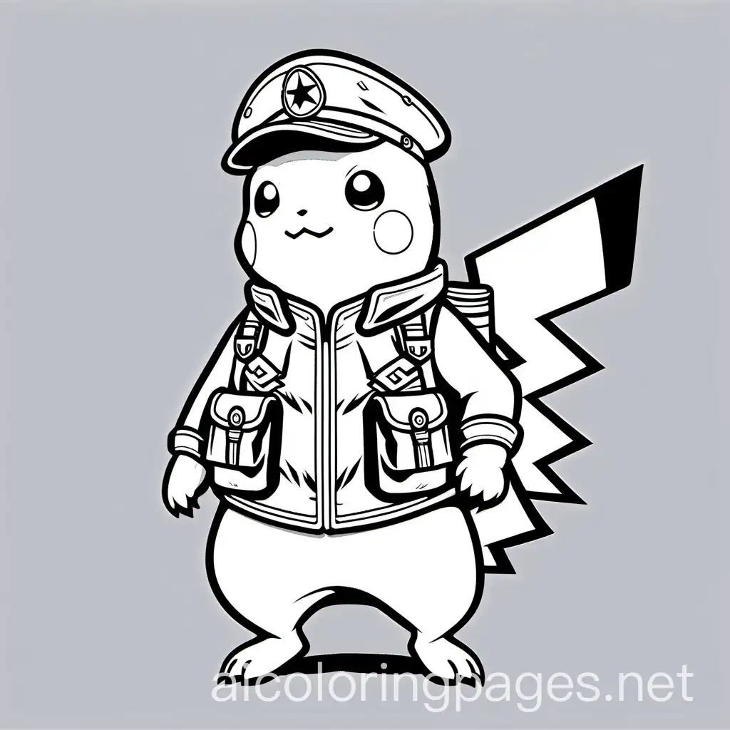 Pikachu dressed as a WWII American GI, Coloring Page, black and white, line art, white background, Simplicity, Ample White Space.