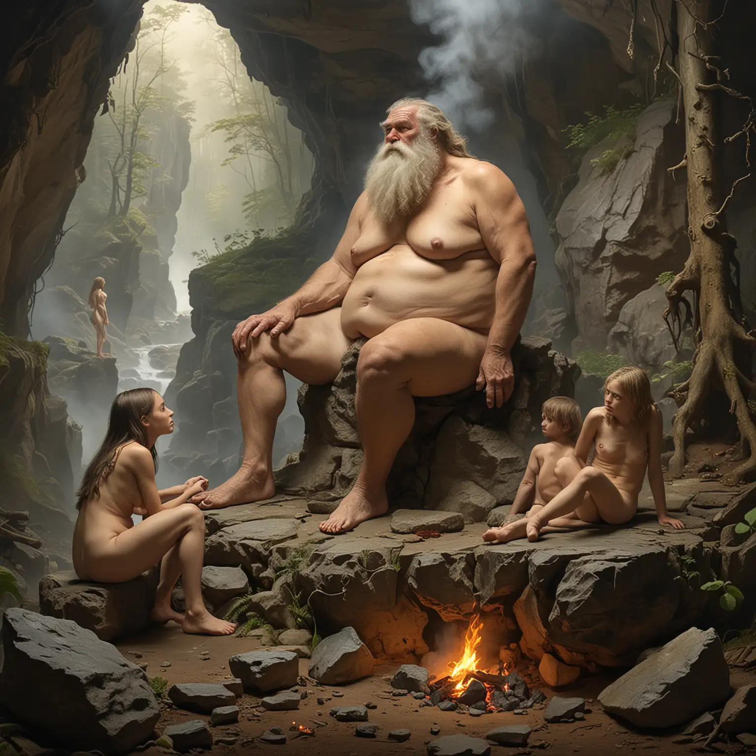 Primitive Hill Giant Cooking with Two Young Females in Misty Forest Cave