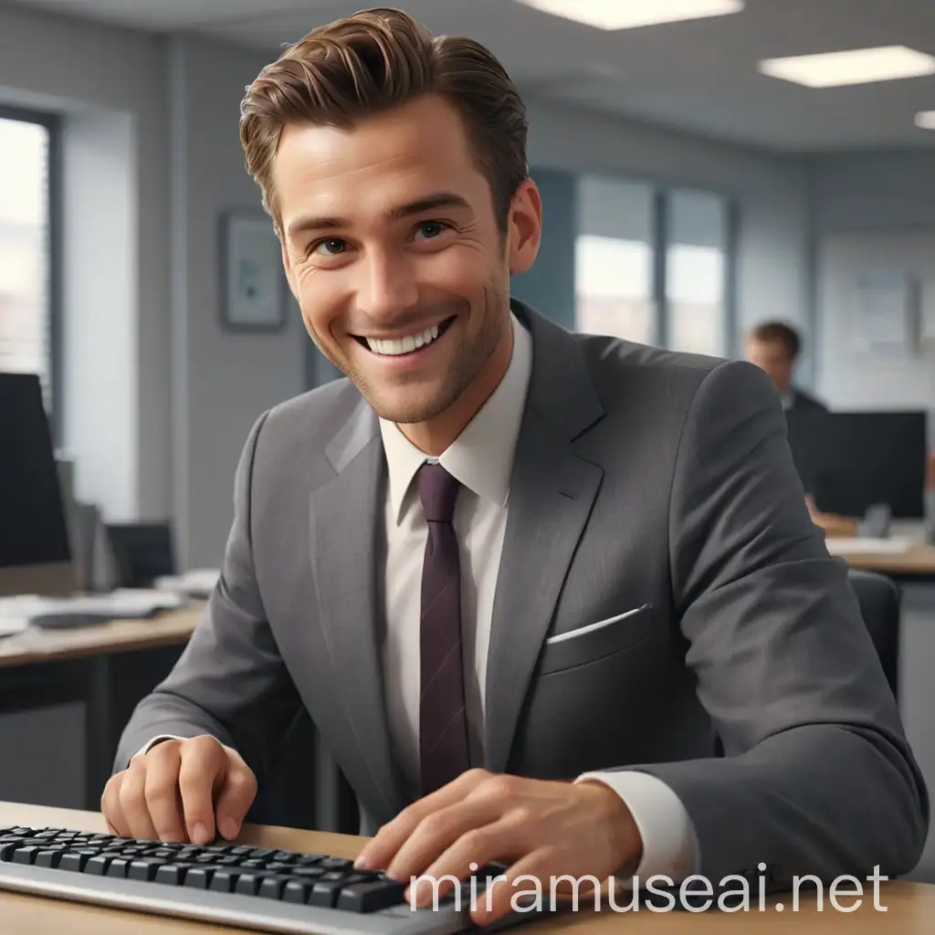 The image shows a man in a suit sitting at a desk in an office, smiling and typing on a keyboard, hyper realistic 3D, 4K