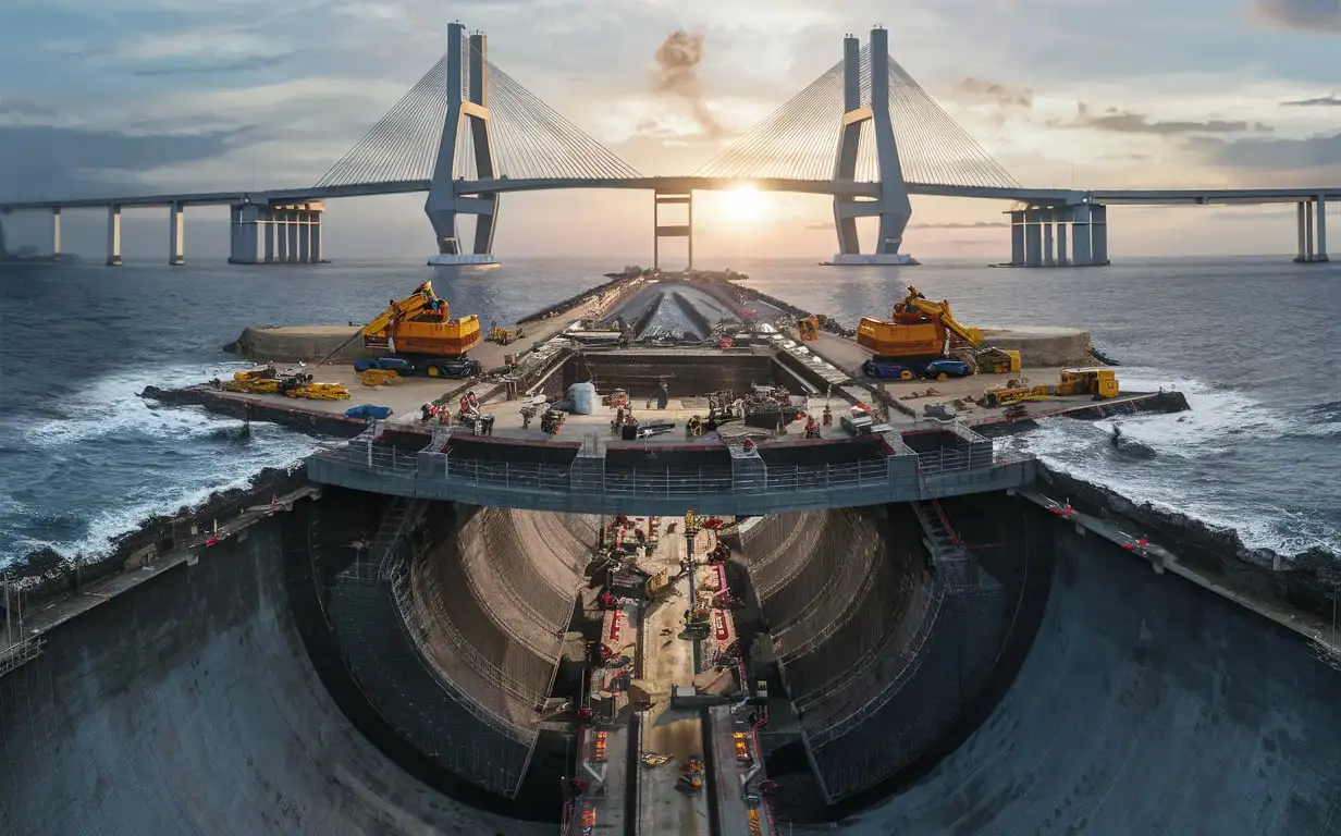 on-going construction of a real mega sea bridge on sea, with an artificial island and an undersea tunnel, the longest in the world, showcasing advanced technology and machinery clear as day