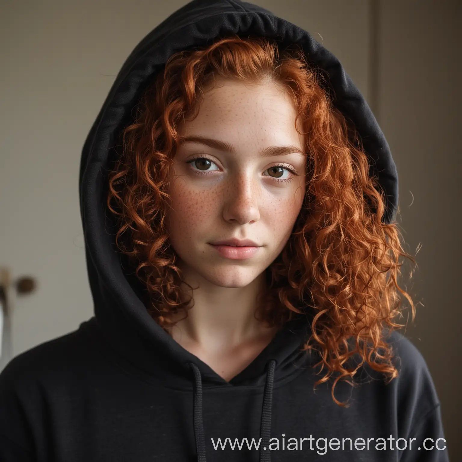 Home-Portrait-Curly-RedHaired-Girl-in-Black-Hoodie