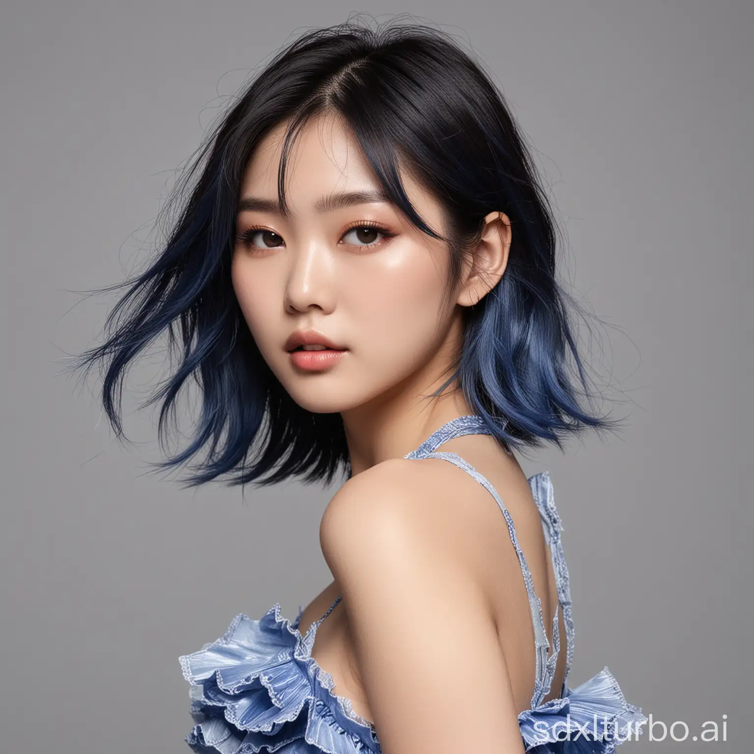 Half-length photo of a Japanese and Korean model wearing blue blush and highlights