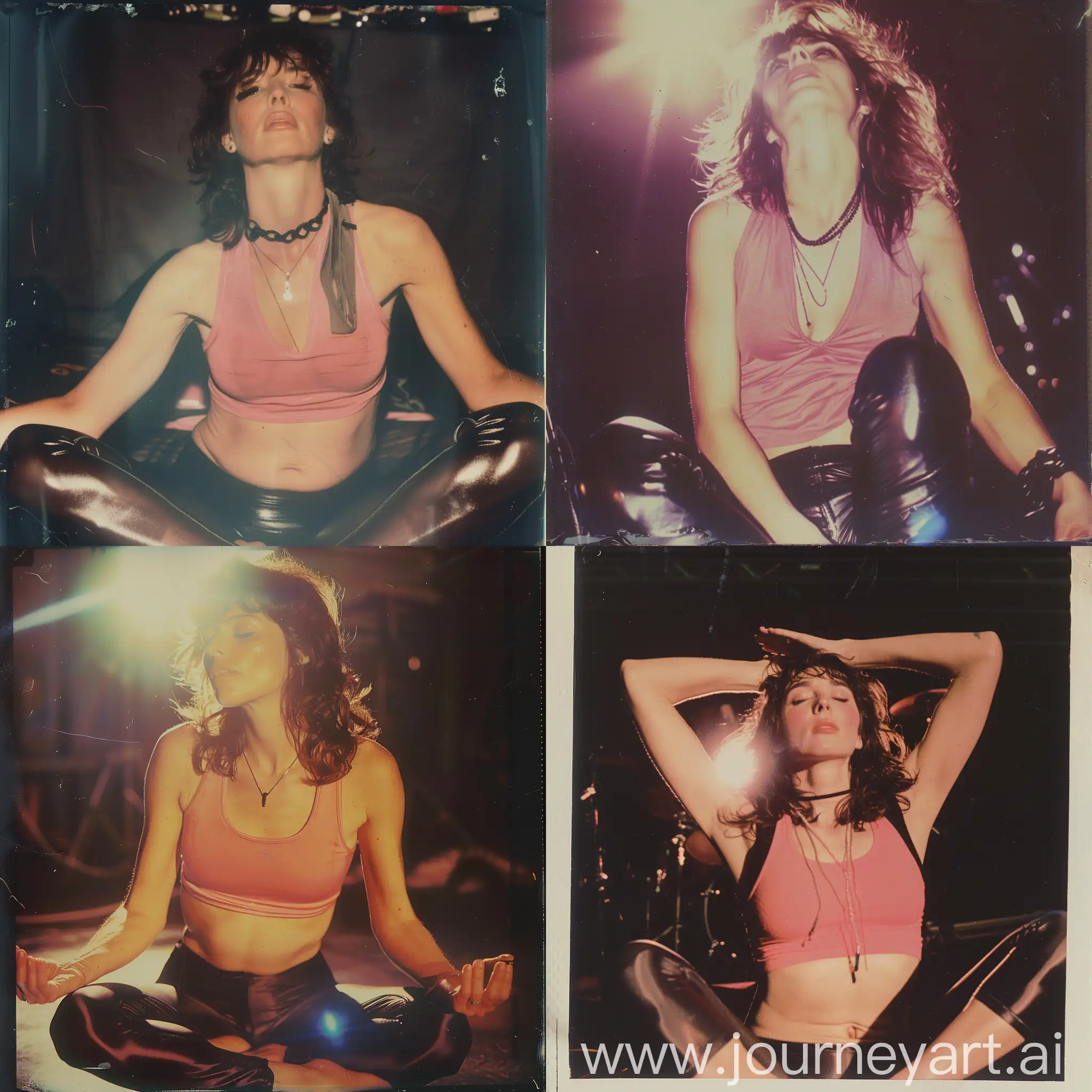 Macro closeup of Laura Branigan wearing a pink belly tanktop, and black leggings, while doing yoga on stage, 1983... flash on, vintage instant polaroid photo.