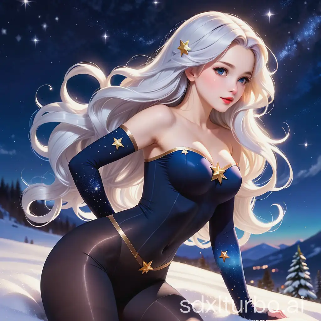 A pretty girl, in tights, with a prominent figure, snow-white skin, long hair, and a pretty starry sky behind her