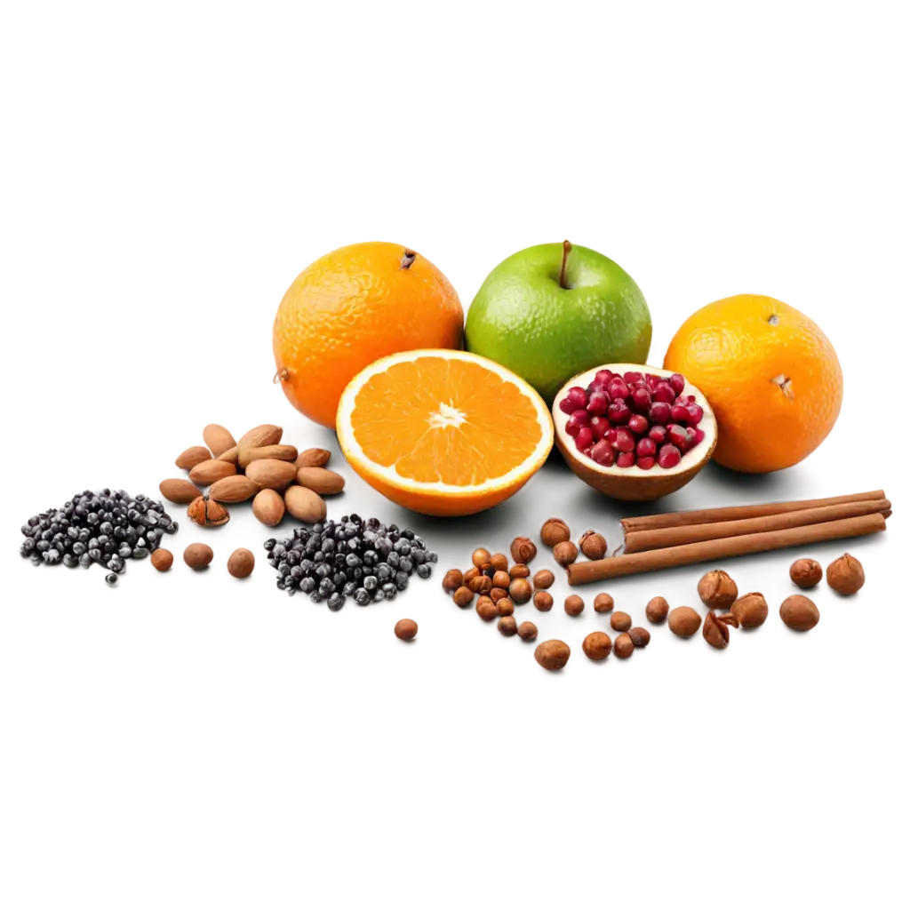 Front-View-Perspective-of-Fresh-Fruits-and-Spices-on-Table-HighQuality-PNG-Image
