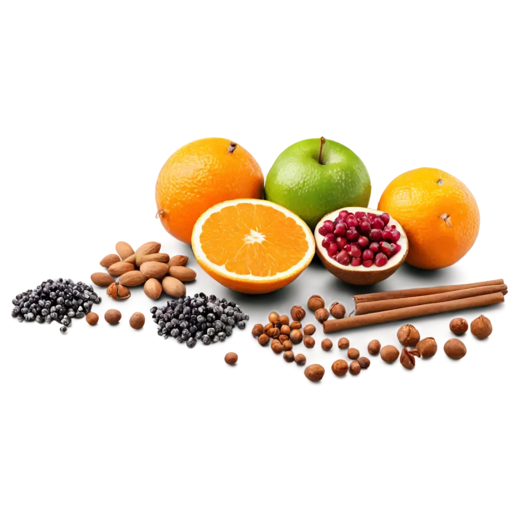 front view perspective of group of fruits and spices lie on the table