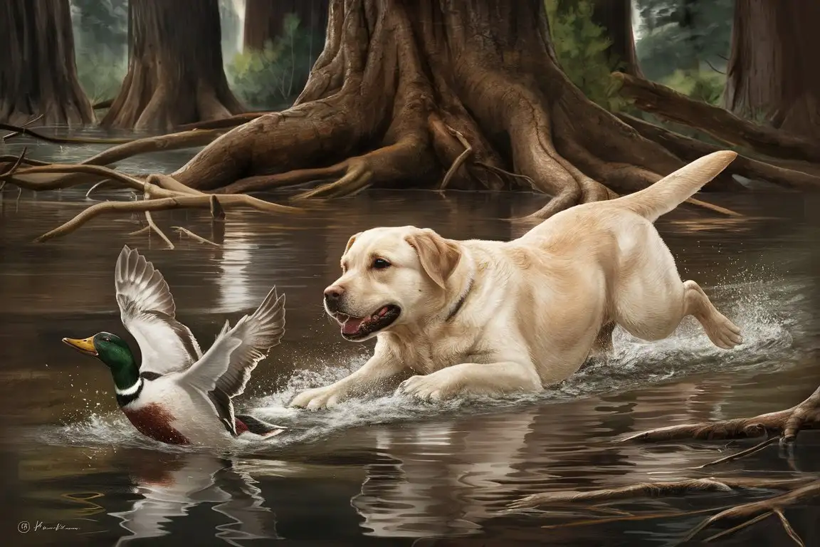 A skillfully rendered illustration of a Labrador Retriever, proudly swimming after a wounded mallard duck flapping wings in the water.  The background is a flooded wooded timber forest, with massive trees submerged in water, their roots entwined in the murky depths. The atmosphere is one of accomplishment and the bond between man and nature.