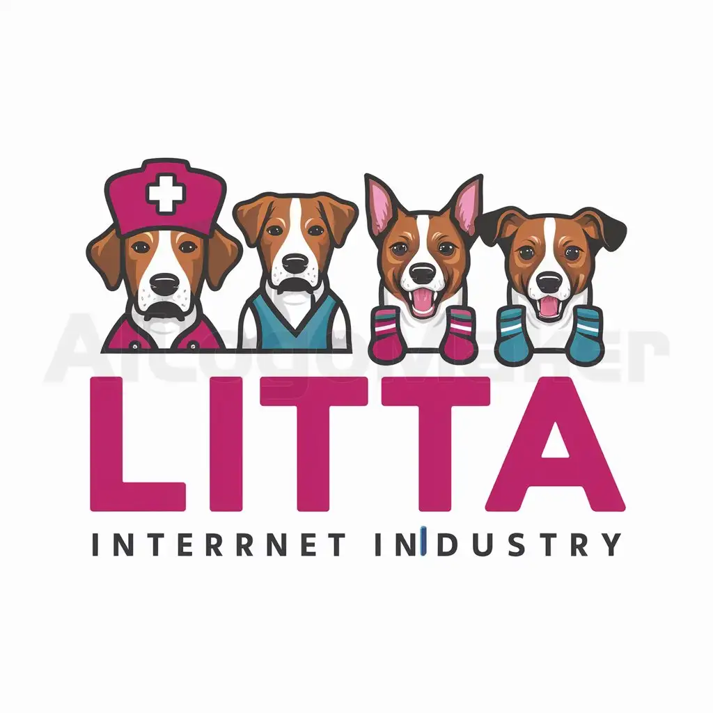 a logo design,with the text "Litta", main symbol:1 dog with medical hat, 1 dog with vest, 1 dog with socks, background logo color fuscia,Moderate,be used in Internet industry,clear background