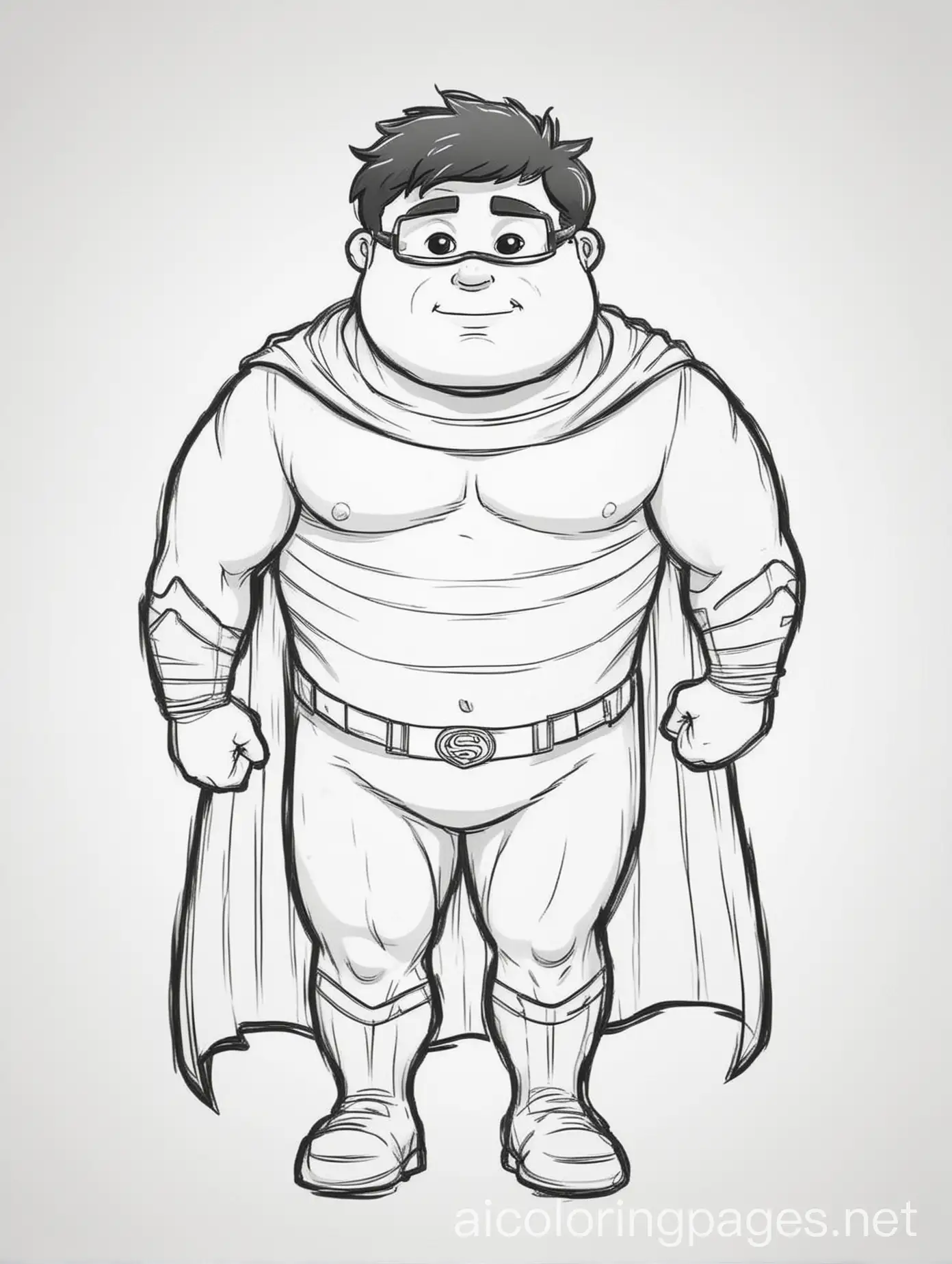 fat superhero, Coloring Page, black and white, line art, white background, Simplicity, Ample White Space. The background of the coloring page is plain white to make it easy for young children to color within the lines. The outlines of all the subjects are easy to distinguish, making it simple for kids to color without too much difficulty