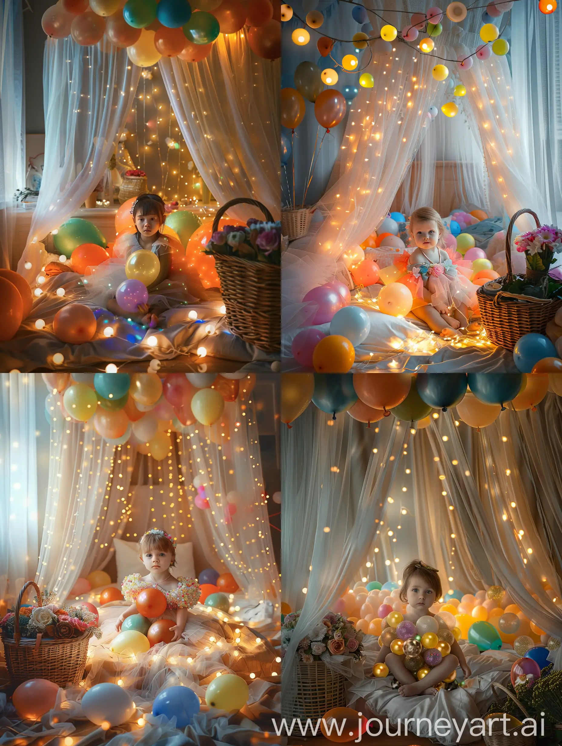 A small child in a balloon dress is sitting on a bed, there are many balloons on the bed, tulle curtains and glowing lights above the bed, the canopy is covered with lights, the face is clearly visible, looking directly into the camera, a basket with flowers and balloons nearby, detail, hyperrealism  close-up, realistic photo 