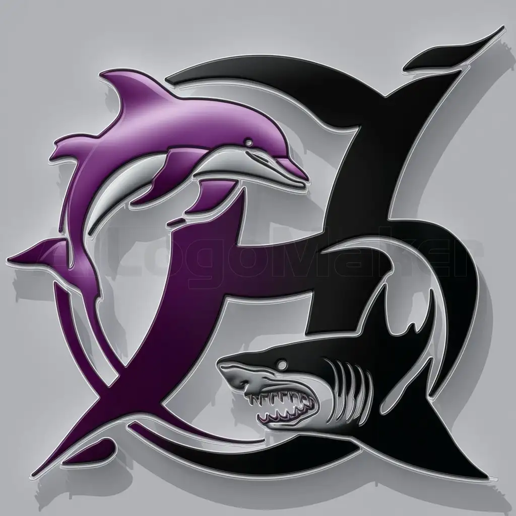 a logo design,with the text "H", main symbol:Circle divided into two parts, one purple in which dolphin, the other black in which shark,complex,clear background