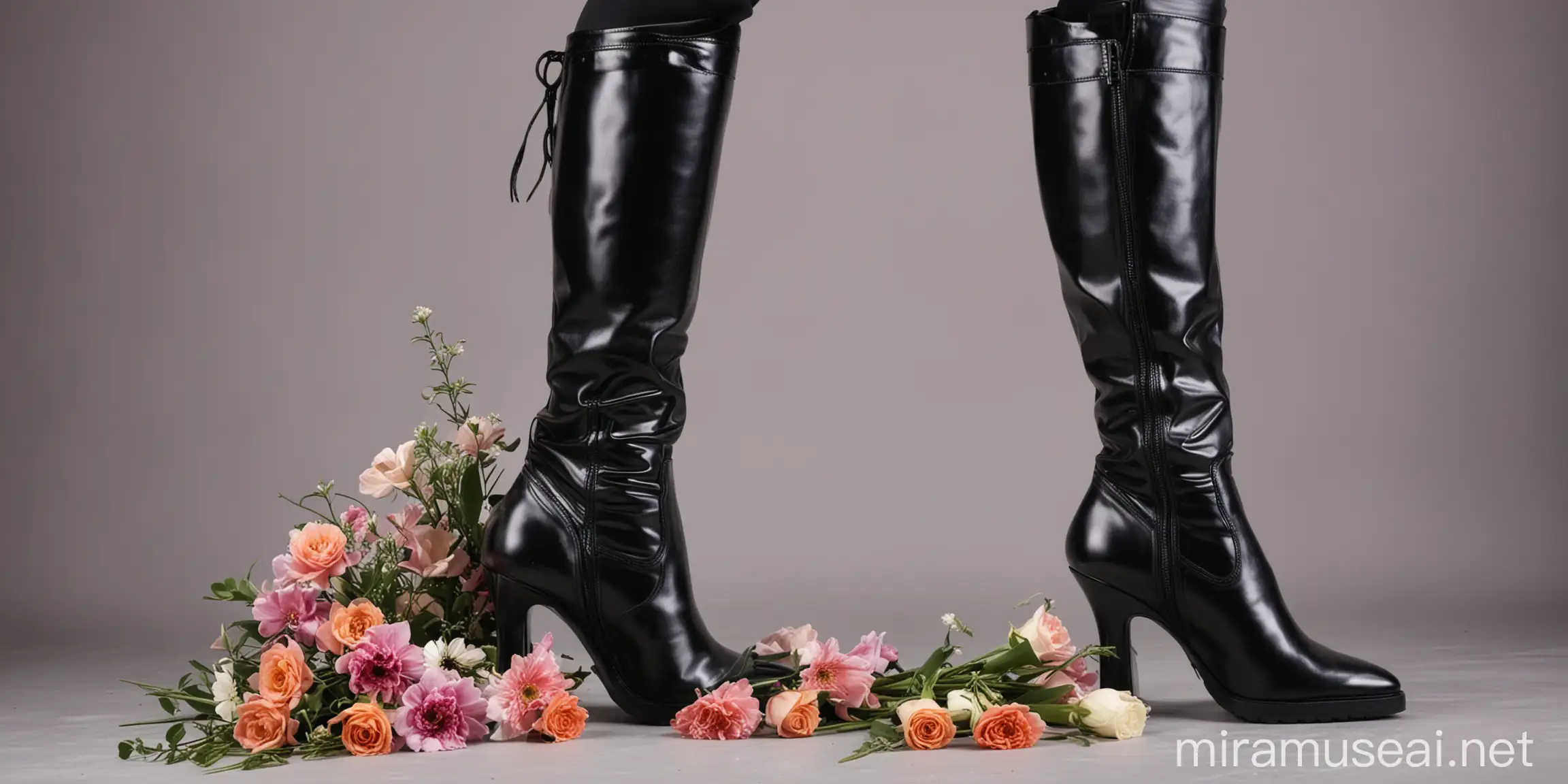 Thigh high black leather boot stepping on a bouquet of flowers,black vinyl high heel boot steps on flowers,crushing flowers,stiletto heels, squeezing flowers