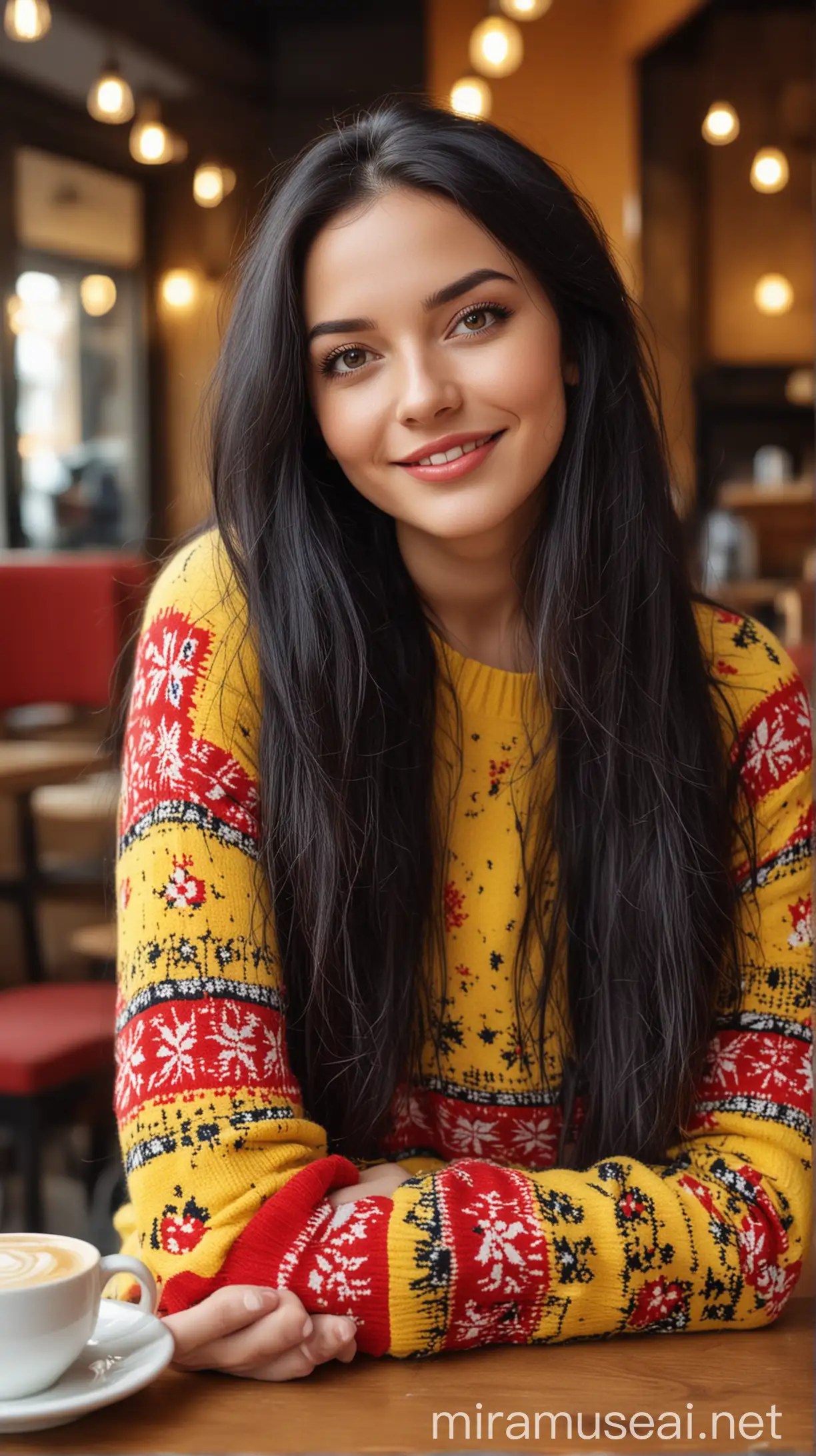 photo of a very beautiful woman, long black hair, wearing a blaster yellow red patterned sweater, looking in front of the camera, hand stroking her hair, sitting relaxed in a cafe, bright atmosphere, cheerful, smiling, photo taken by S24 ultra camera, UHD quality