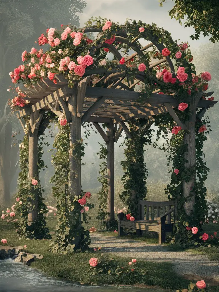 Изящная ажурная беседка в летнем саду оплетенная розами и плющом