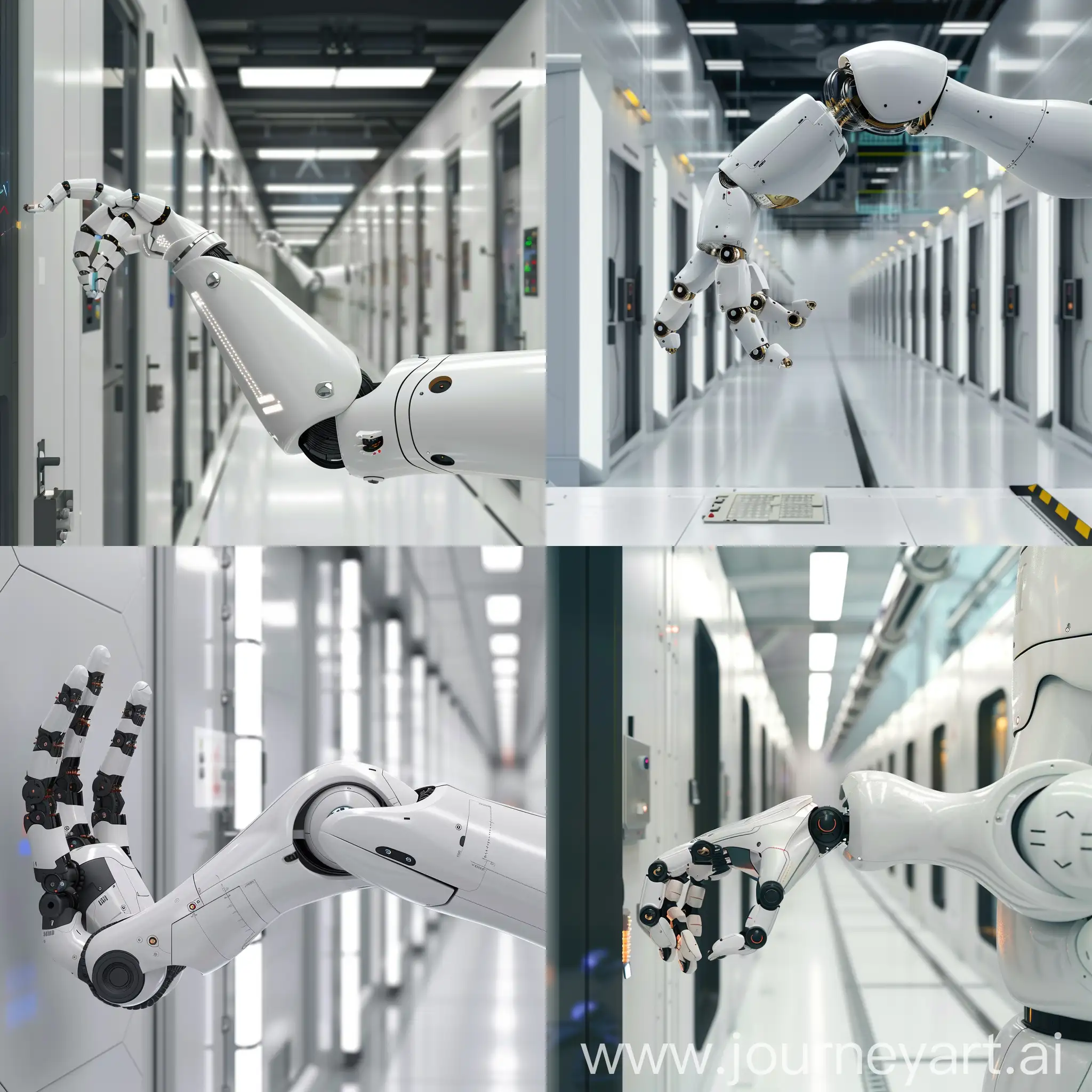 Робот-рука создаёт что-то на чисто белом заводе с крутыми дверями будущего