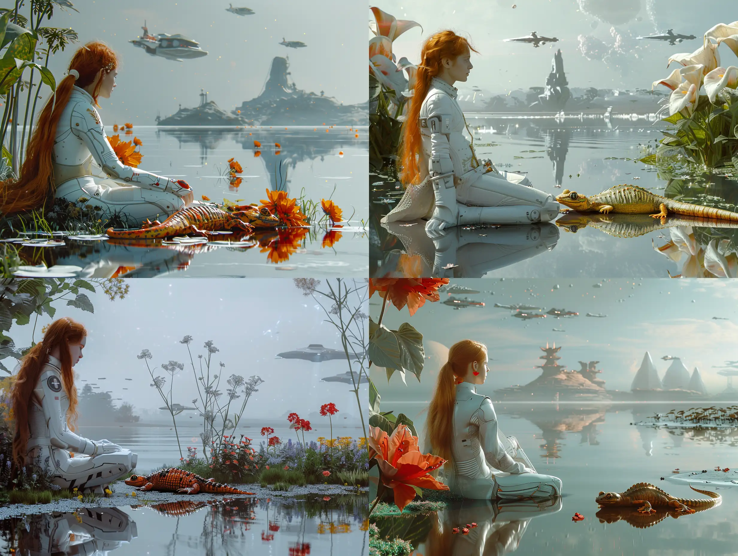 SciFi-Landscape-Girl-in-White-Space-Suit-by-Lake-with-Fantastic-Salamander-and-Space-Ships