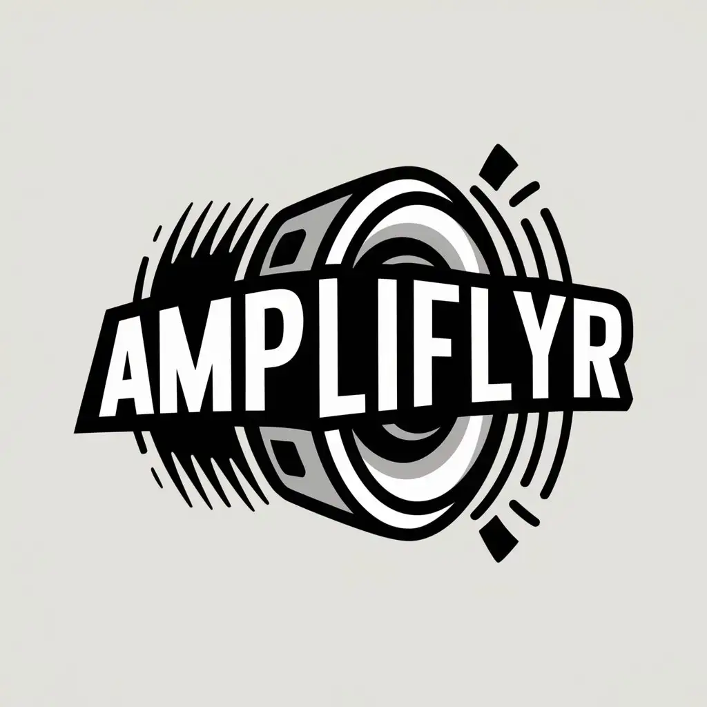 a logo design,with the text "AMPLIFLYR", main symbol:Logo, AMPLIFLYR brand name coming out of speaker, loud, vibrant, 2D, black and white,Moderate,clear background