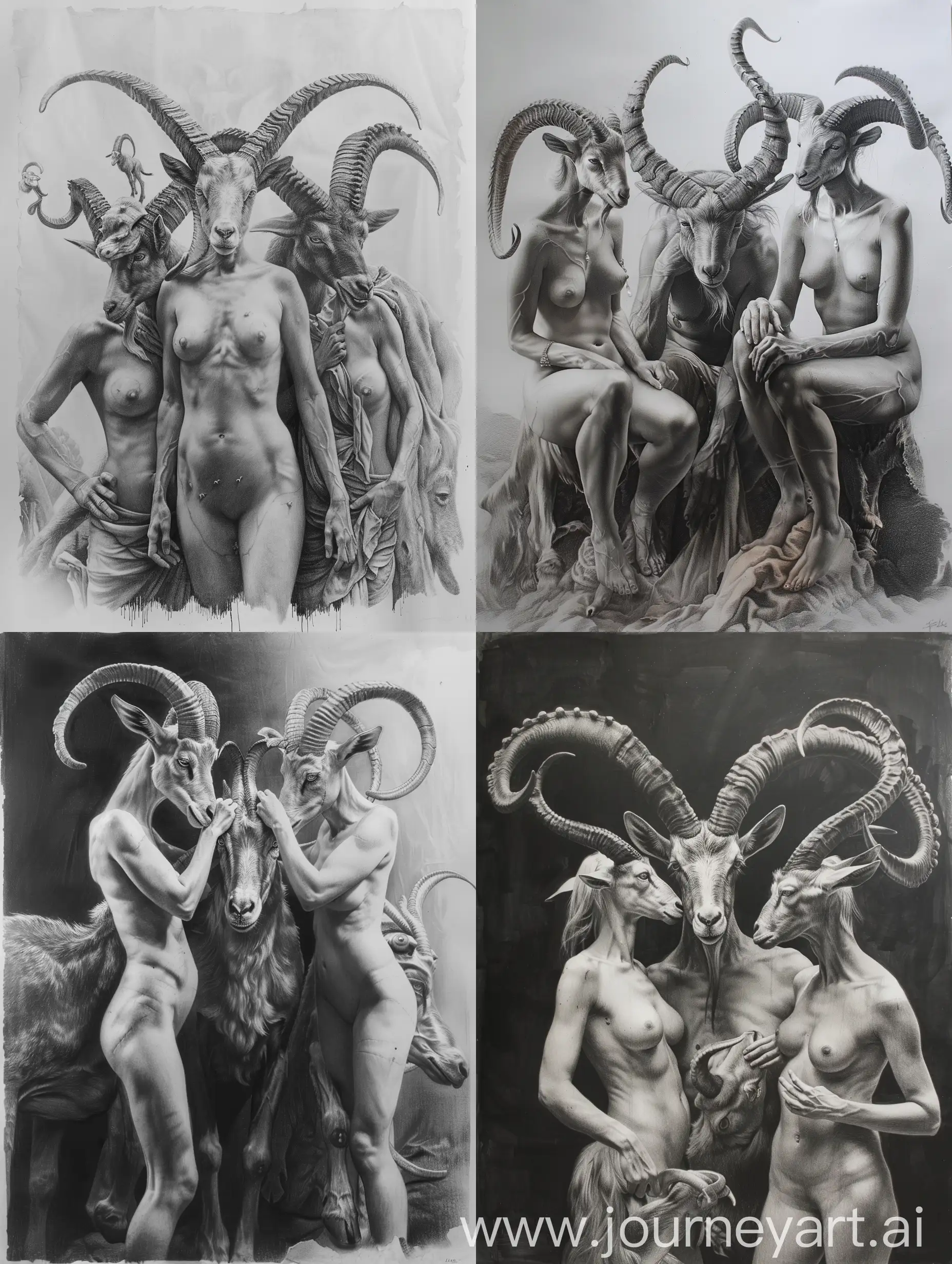 creative dark hyper realistic pencil sketch of three mythological figures with animal heads, each showing reverence towards the central goat-headed figure in a surreal setting on a large canvas in great details