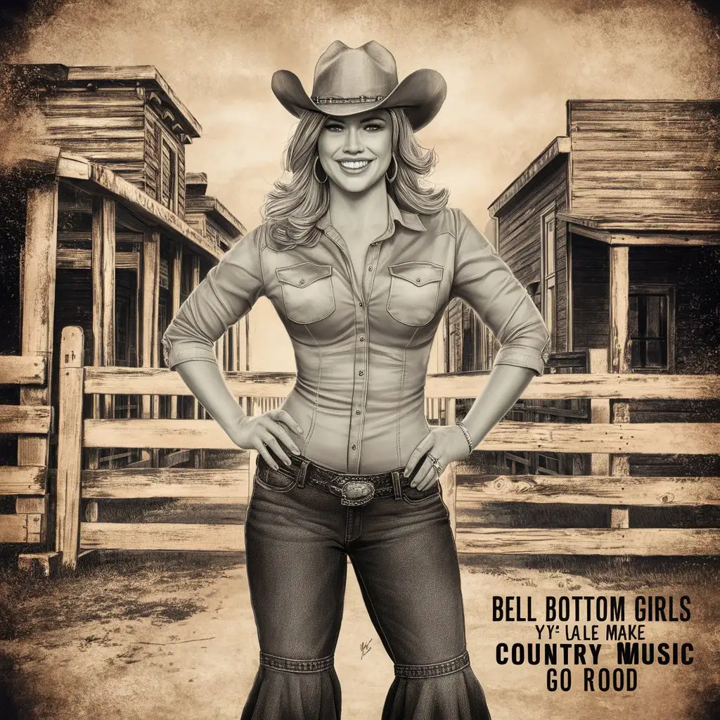 a front view sketch of Lainey Wilson, big butt, wearing bell bottoms, charlie 1 horse hat, country western shirt, vintage cowgirl western background. text "Bell botton girls y'all make country music go round"