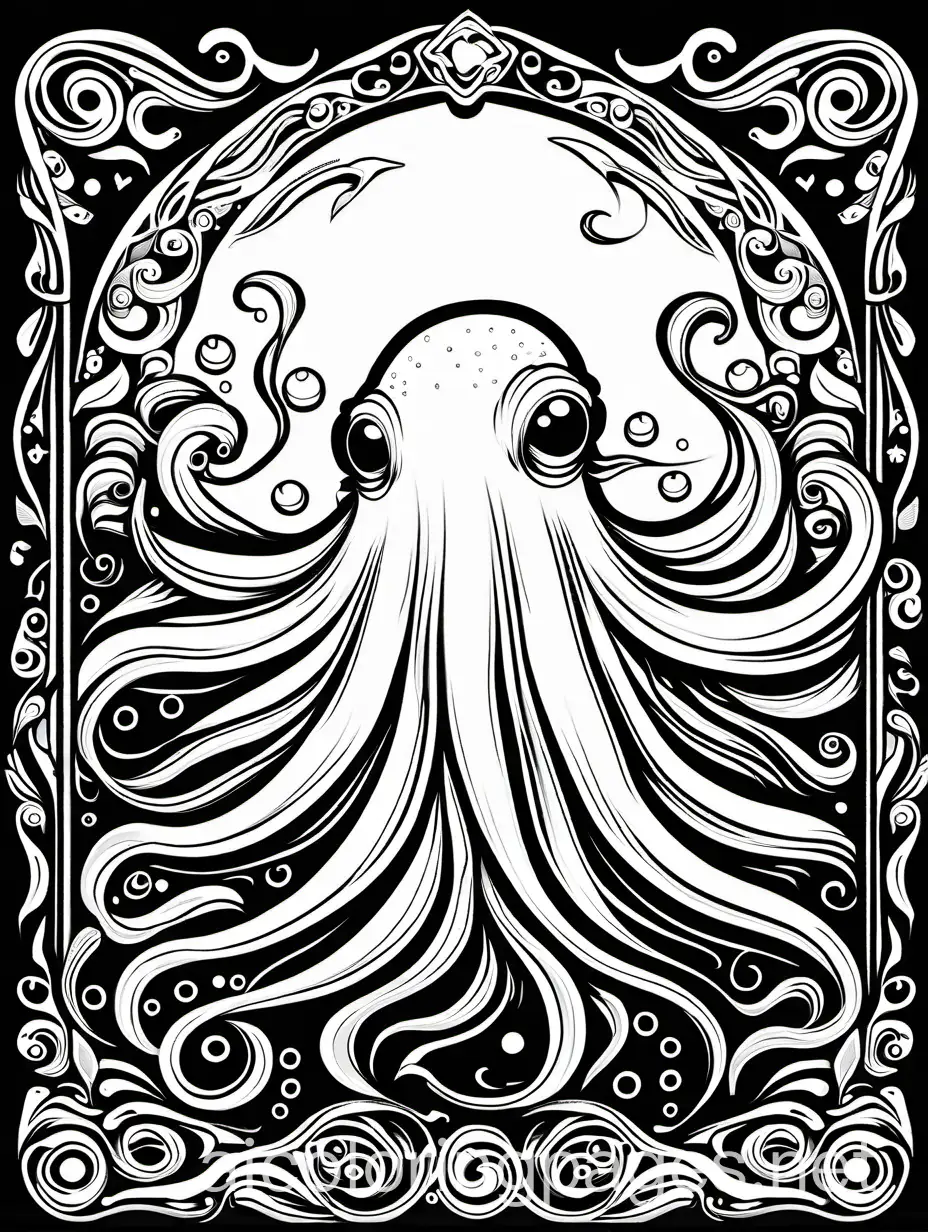 Blanket Octopus, fantasy, ethereal, beautiful, Art nouveau, in the style of Brian Froud, Coloring Page, black and white, line art, white background, Simplicity, Ample White Space. The background of the coloring page is plain white to make it easy for young children to color within the lines. The outlines of all the subjects are easy to distinguish, making it simple for kids to color without too much difficulty