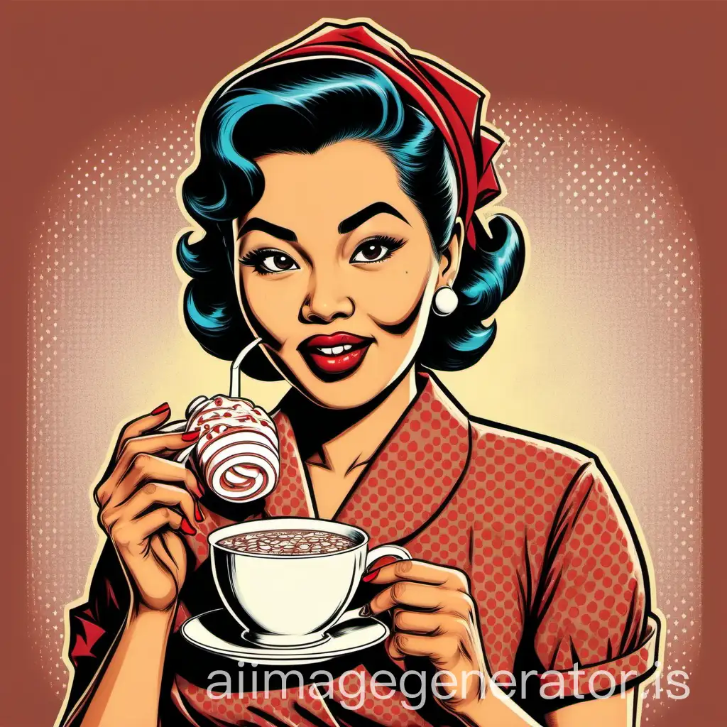 1950s retro Indonesian female housewife with a sarcastic expression, drinking hot chocolate pop art illustration style with strong and realistic outlines, we define the details.