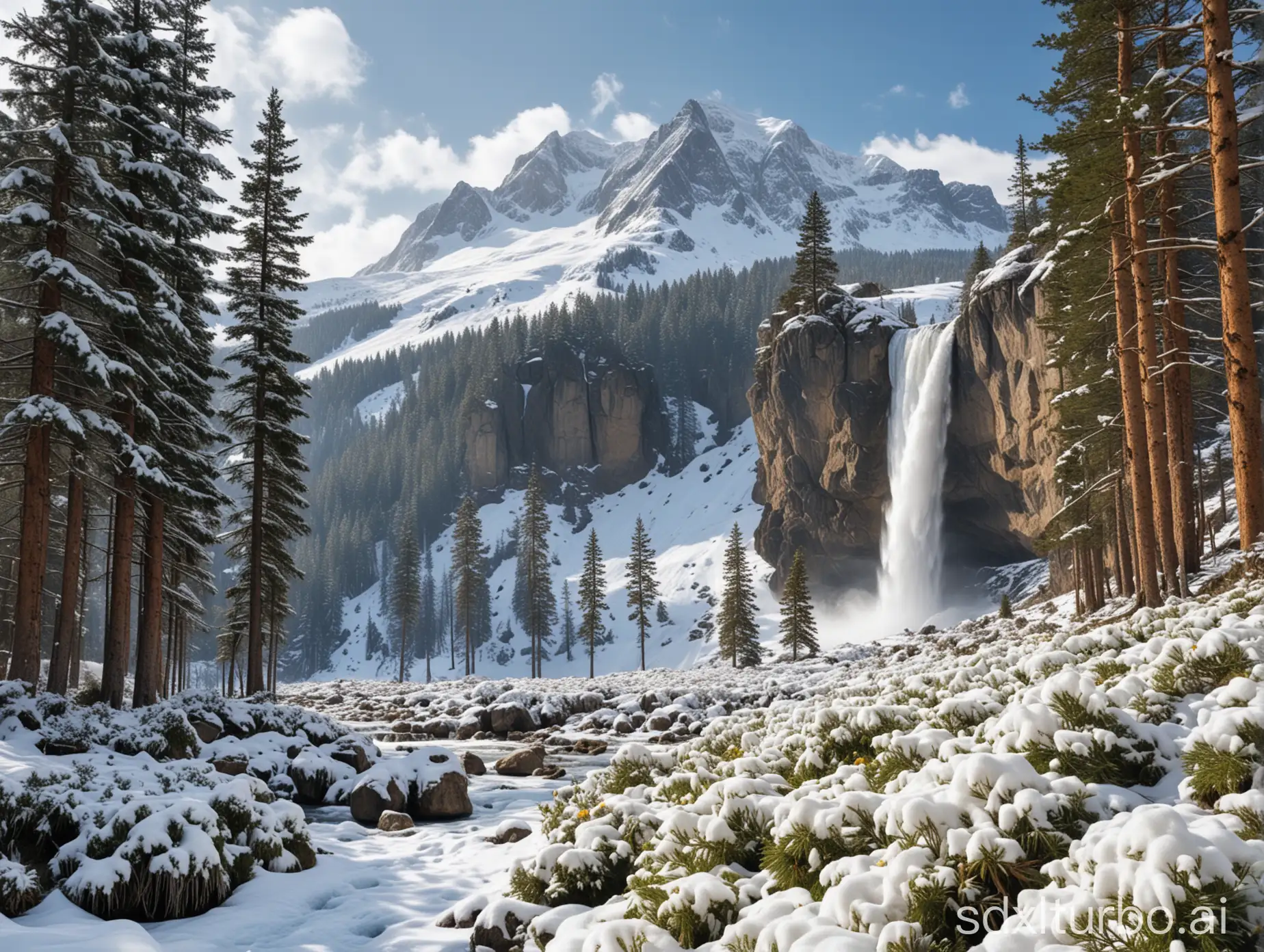 Open-air landscape, incredible waterfall, immense snow-covered mountain in the distance, some pine trees, landscape with some flowers