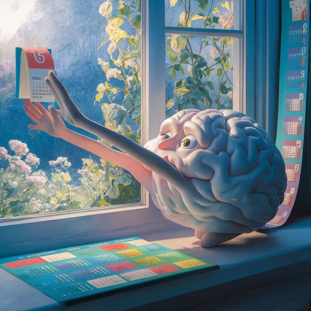 3D of a brain planning its day on a wall calendar inspired by the style of Claude Monet, the brain with arms reaching for a [tab], vibrant calendar, peaceful garden outside the window, cool color temperature, focused expression, natural lighting, serene atmosphere, the brain has a contemplative look with soft sunlight filtering through the window, delicate flowers and greenery in the background, 3D, created with advanced rendering techniques for realistic textures and lighting
