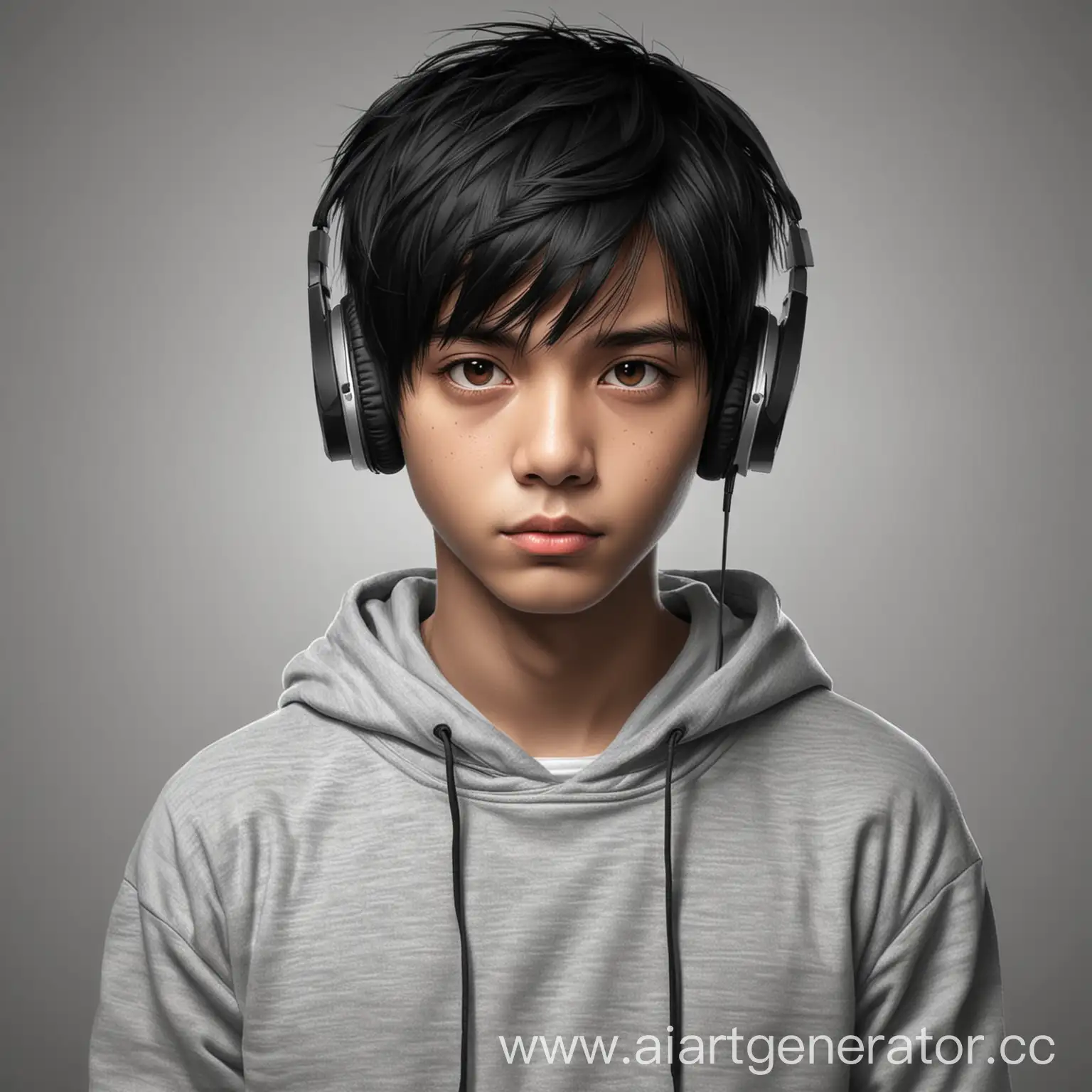 мальчик с черными волосами, карие глаза, в наушниках, в сером худи, на однотонном фоне, с азиатским разрезом глаз, векторное изображение, со стрижкой кроп